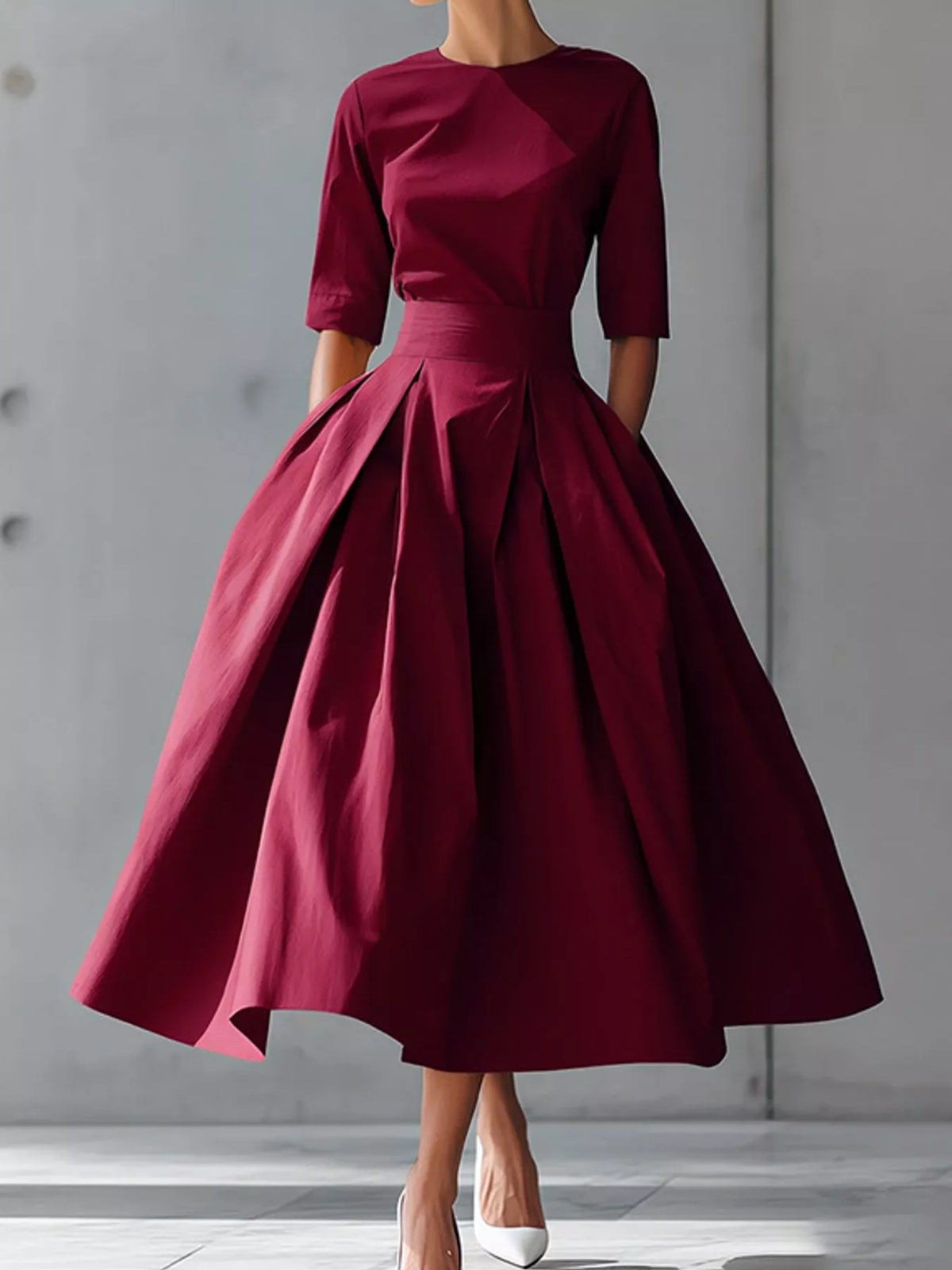 Round neck short sleeve midi dress, front view on model