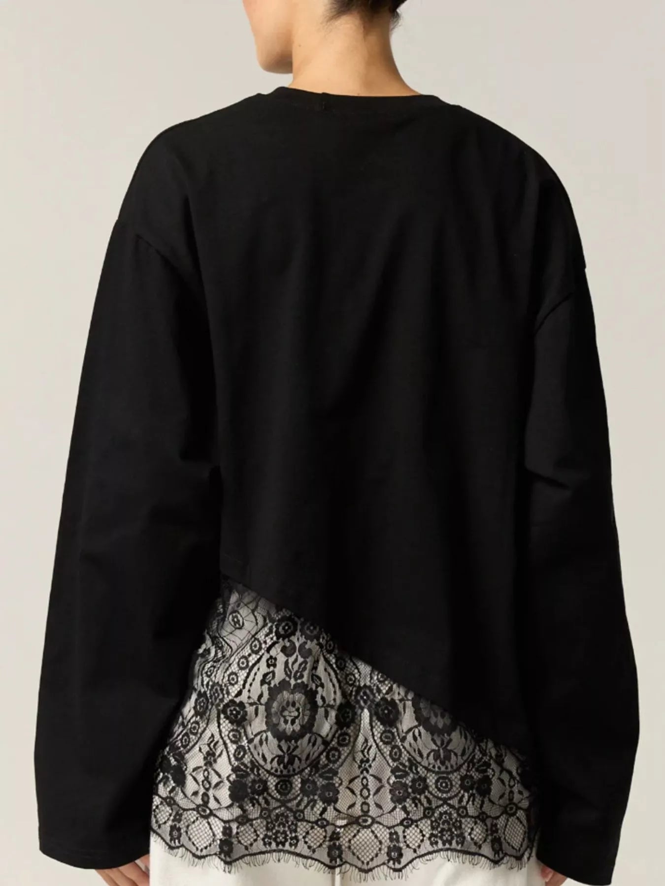 Trendsi Long-Sleeve T-Shirt with Asymmetric Lace Hem -