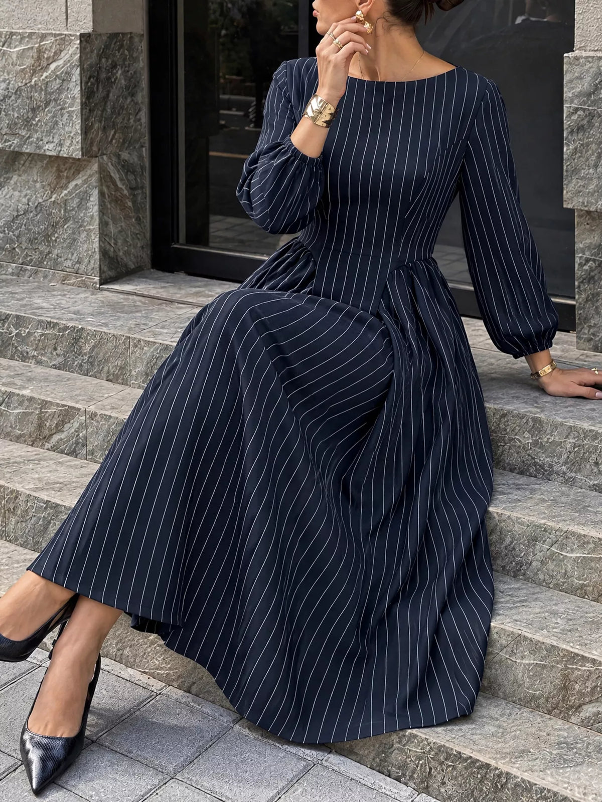 Striped Balloon Sleeve Maxi Dress — front view