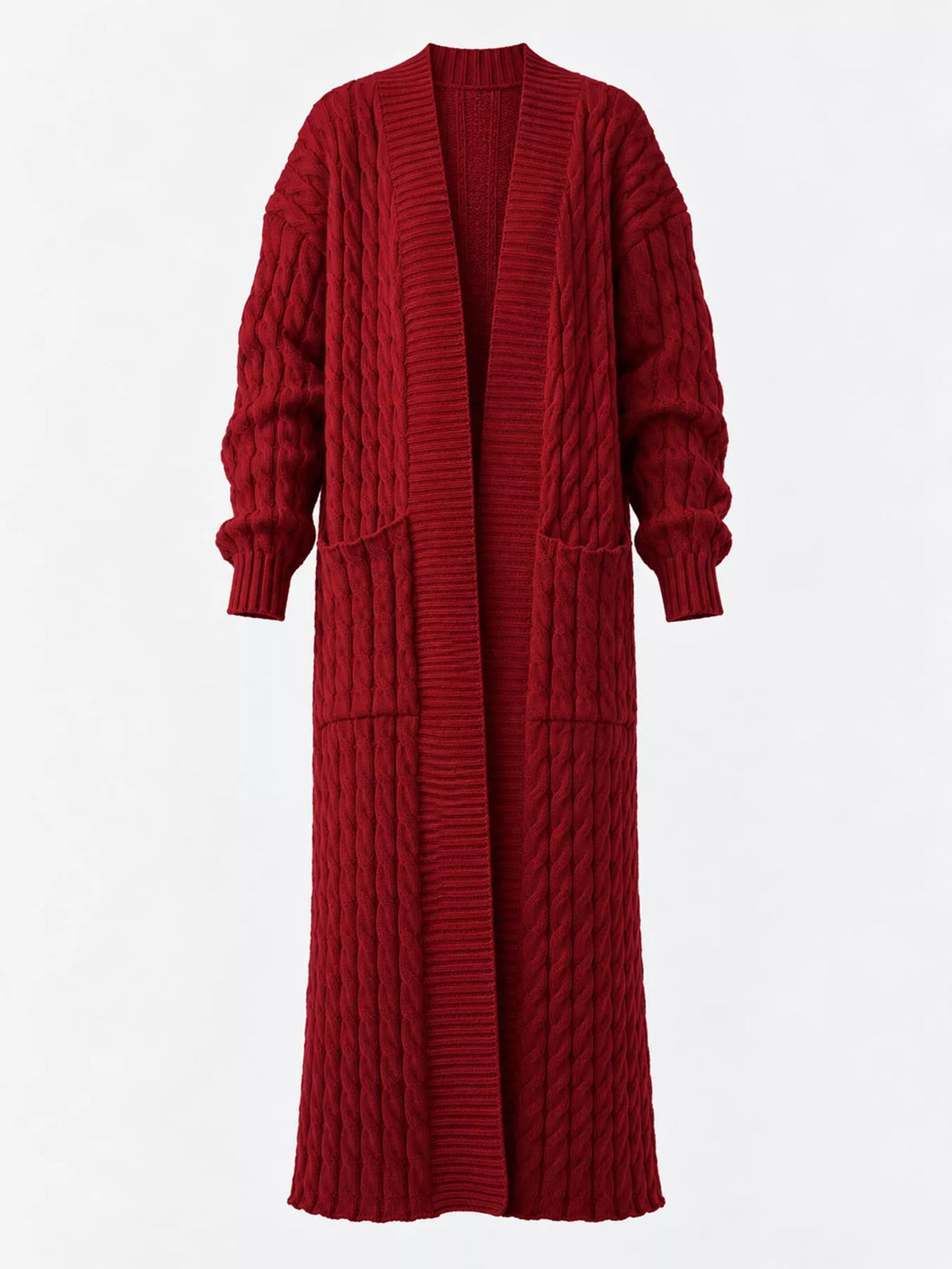 Dark Red cable-knit longline open-front cardigan
