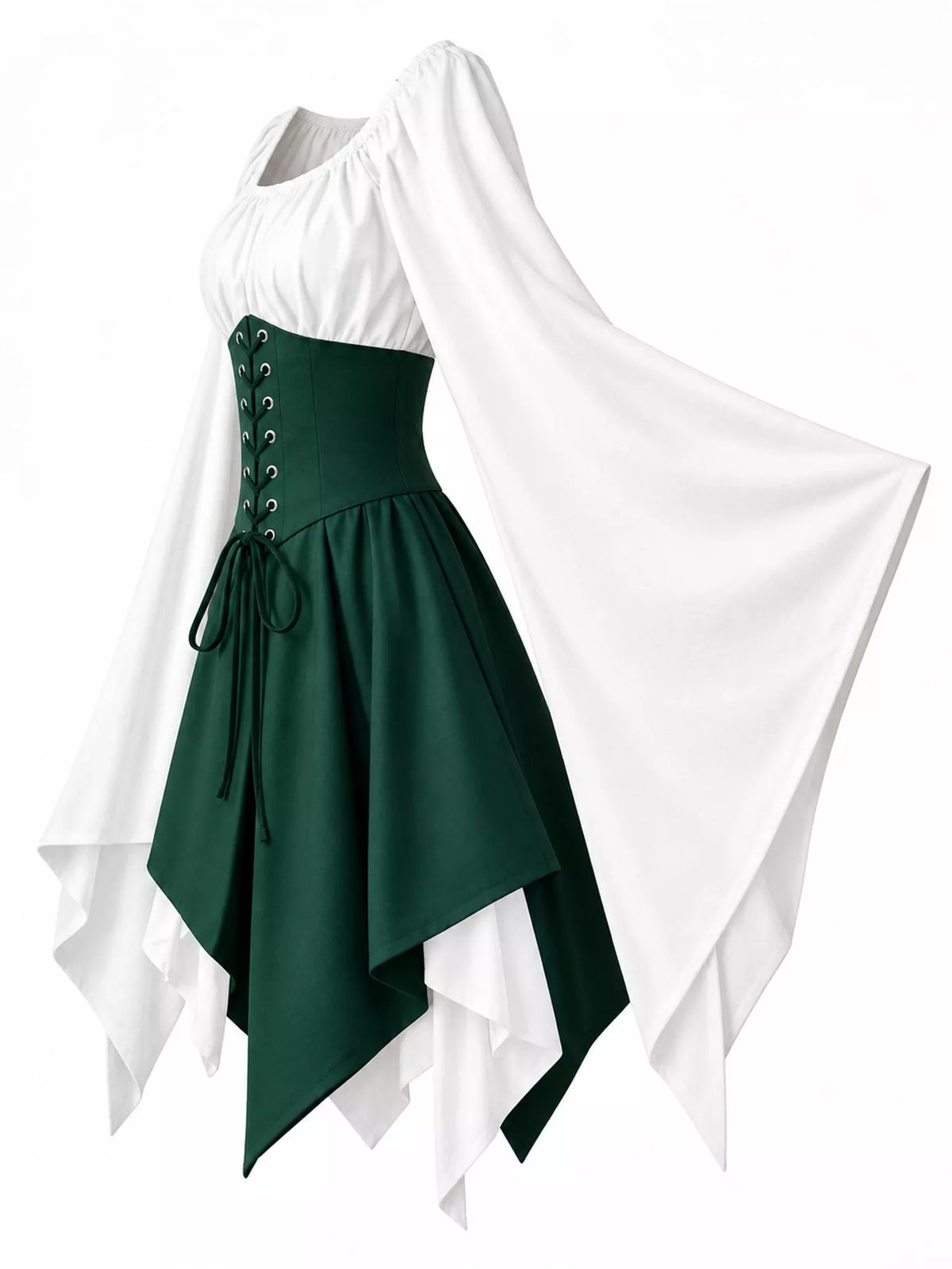 Lace-up asymmetric dress, white green side
