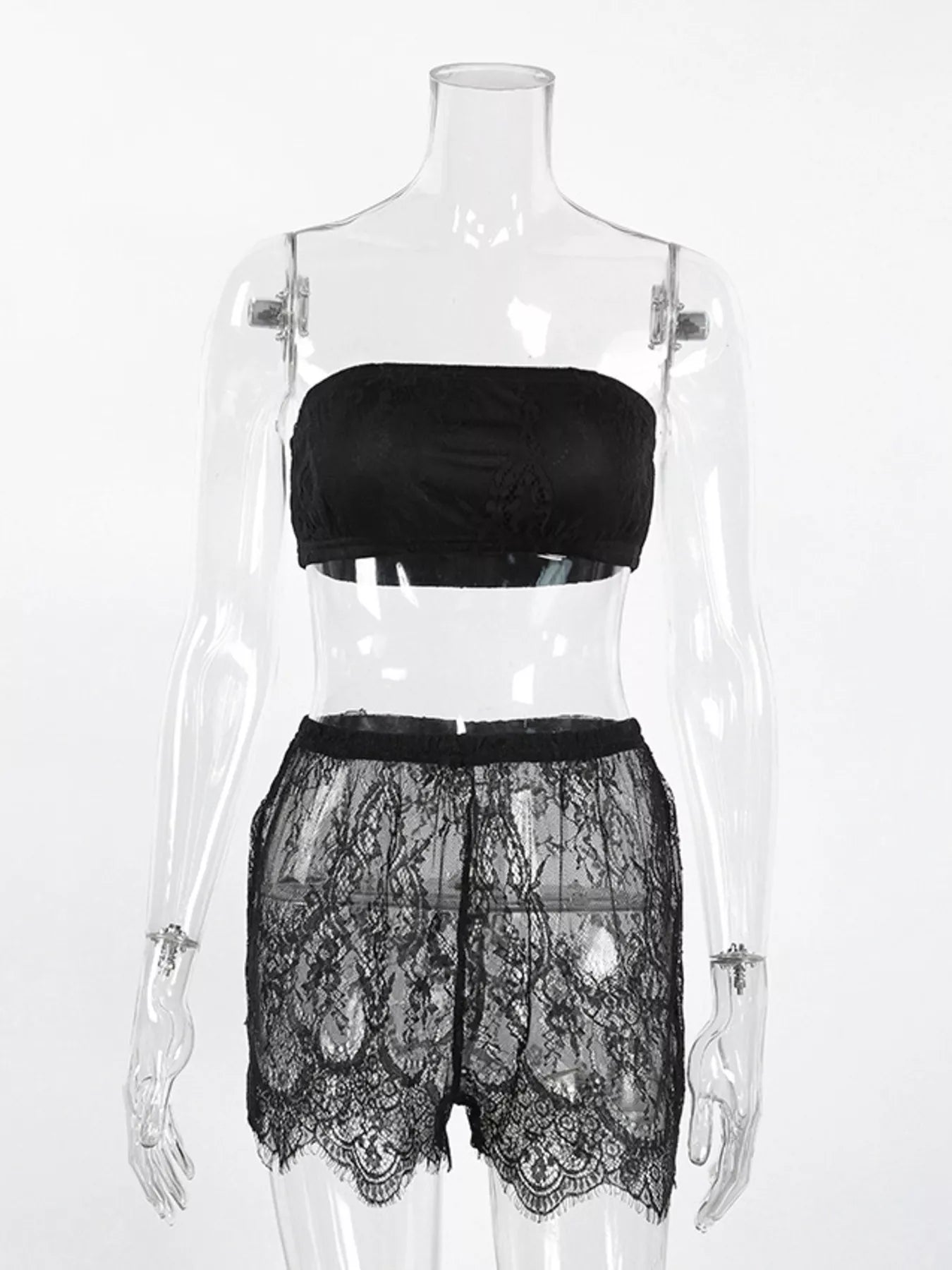 Trendsi Lace Tube Top & Cardigan and Shorts Three-Piece Lounge Set -