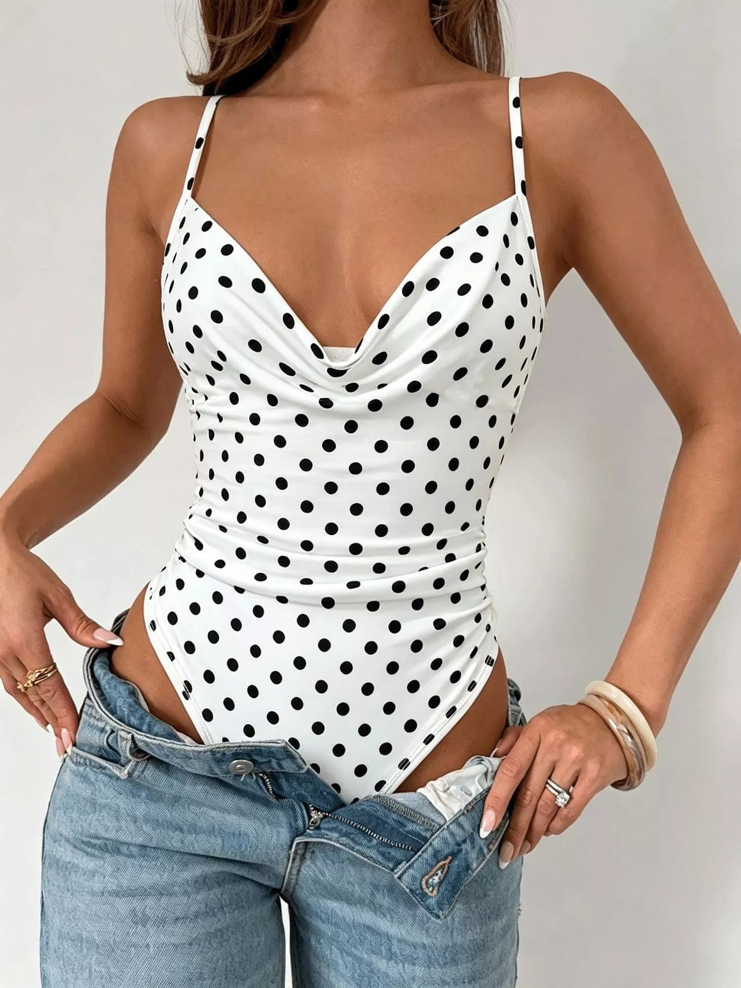 Trendsi Polka Dot Cowl Neck Spaghetti Strap Bodysuit -