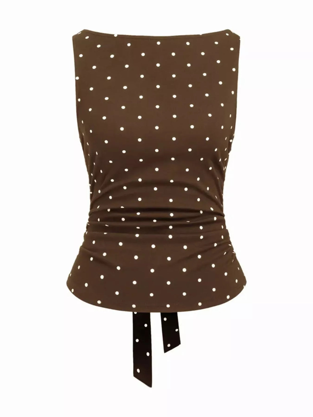 Polka Dot Print Sleeveless Tank Top with Tie Back, back view in brown and white