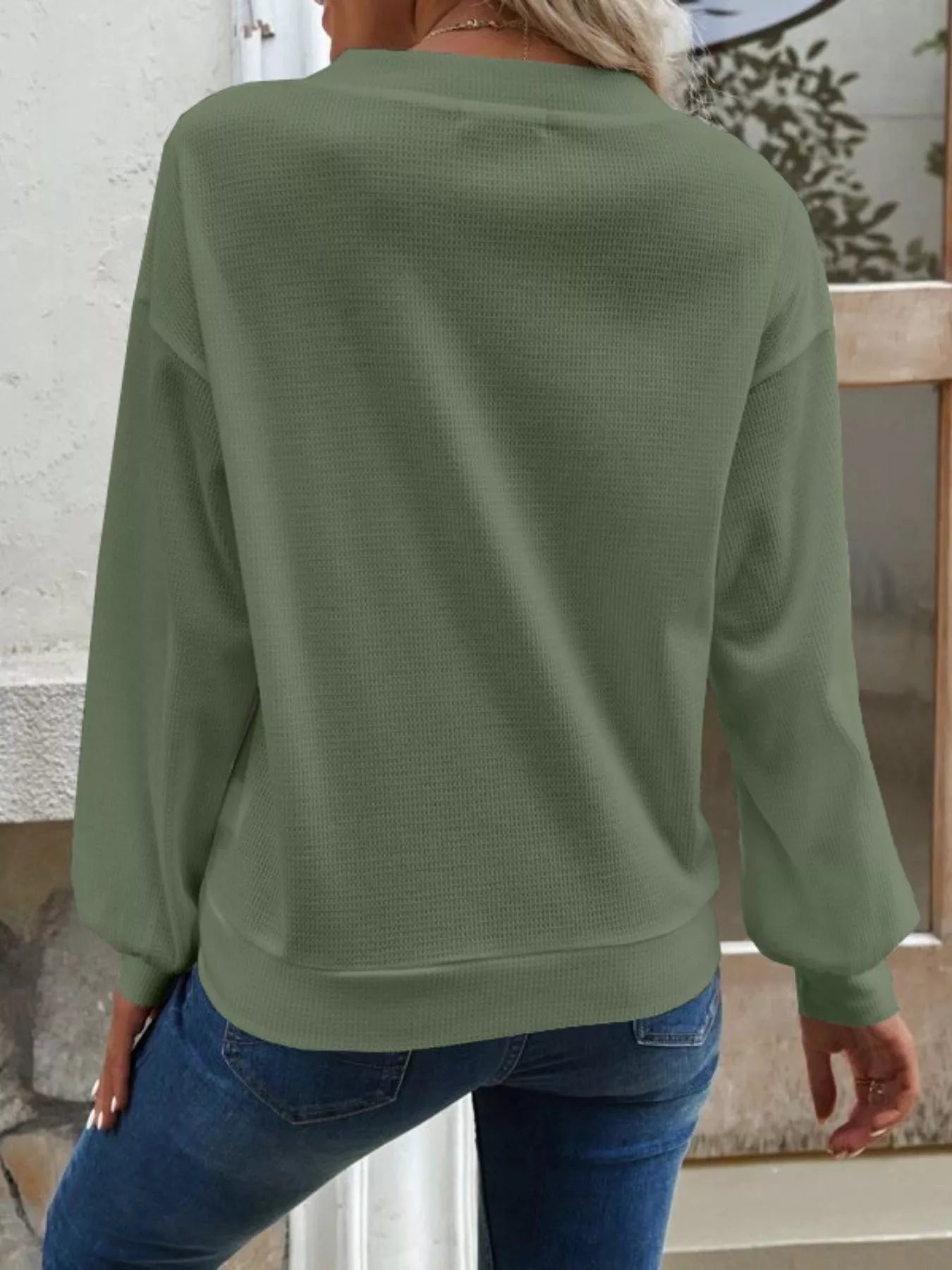 Trendsi Casual V-Neck Waffle Long Sleeve Top -