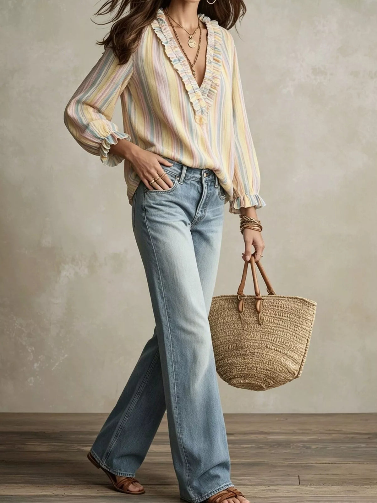 Trendsi Striped Ruffle-Trim V-Neck Blouse -