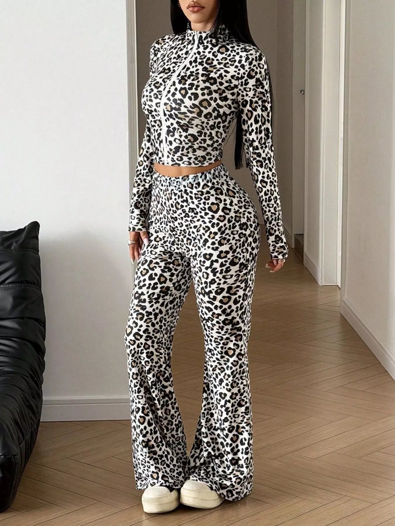 Trendsi Leopard Print Zip-Up Crop Top and Flared Pants Two-Piece Set -