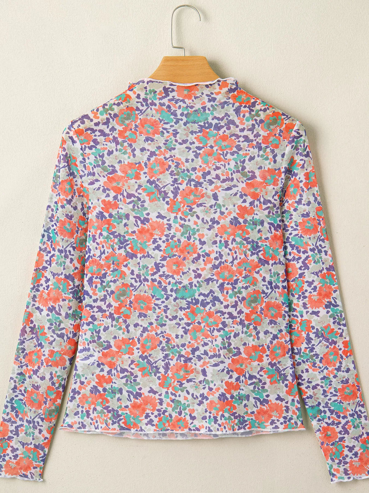 Women's Floral Print Sheer Mesh Long Sleeve Mock Neck Top in Floral, side view