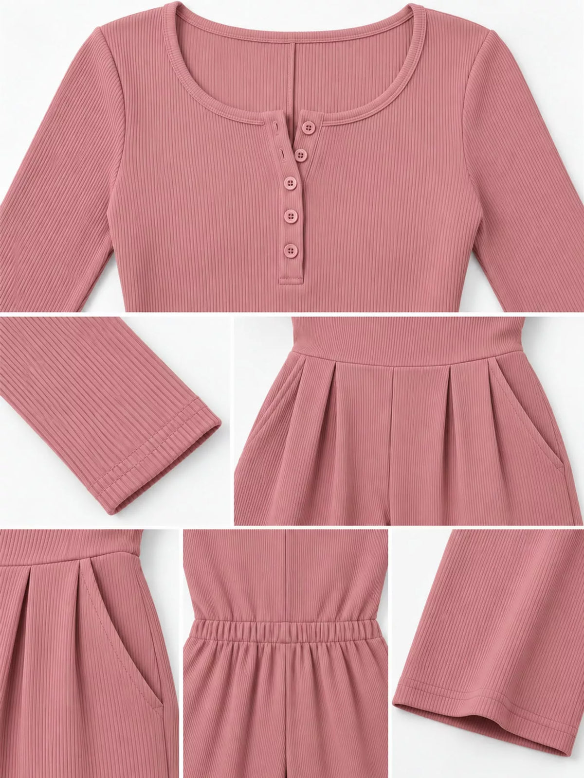 Long Sleeve Ribbed Knit Wide-Leg Jumpsuit — construction details