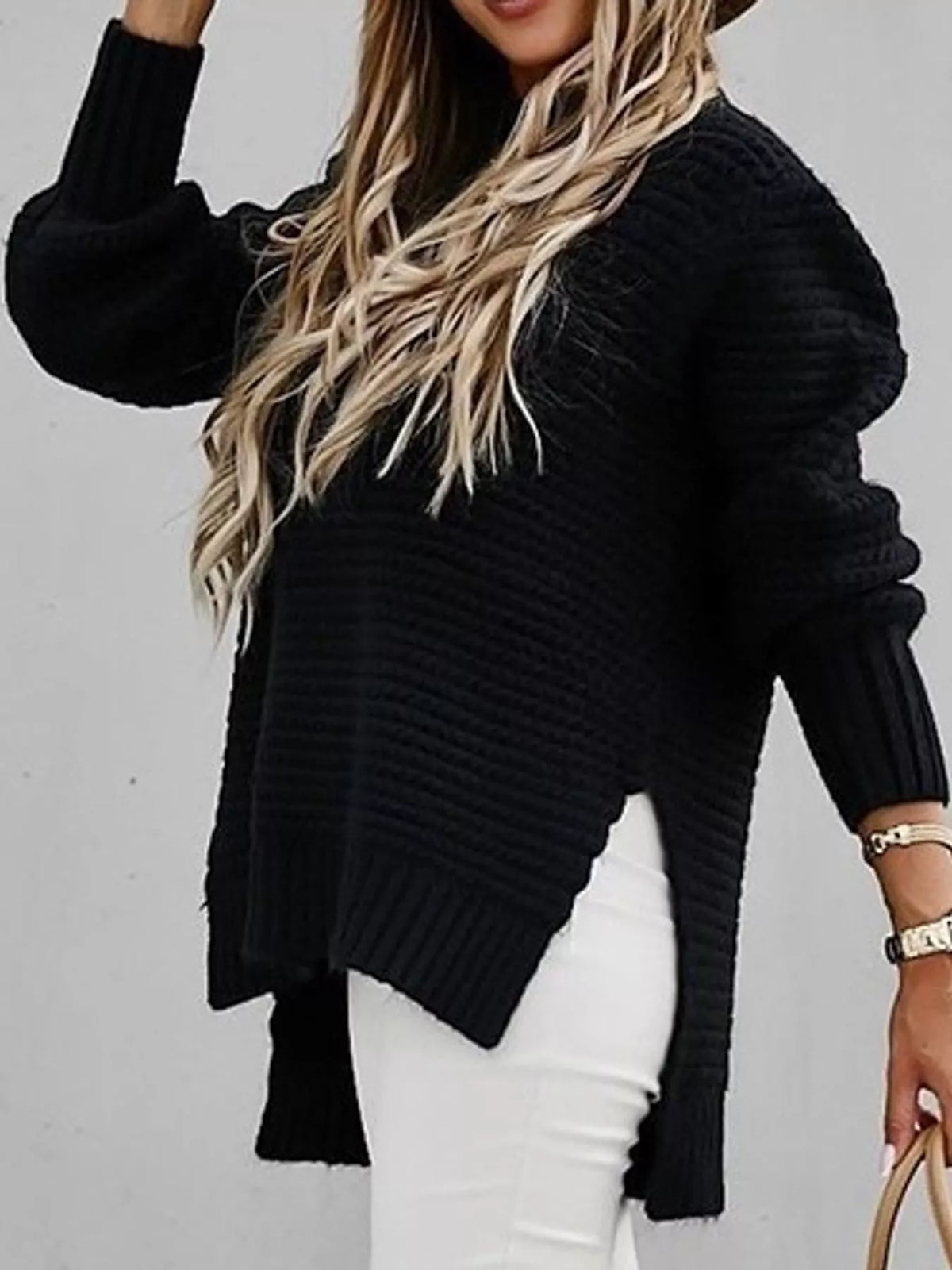 Round neck long sleeve sweater, front view on model