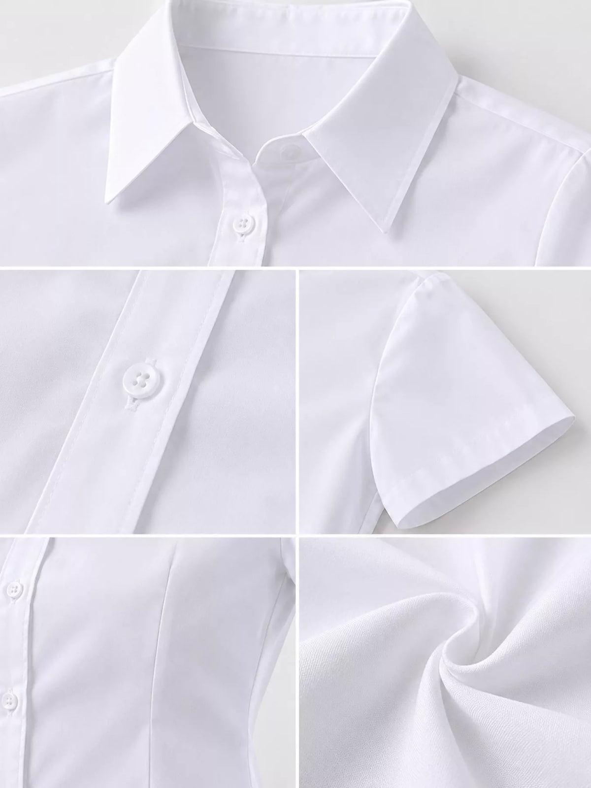 White button-down shirt, short-sleeve collar, sleeve hem, and fabric