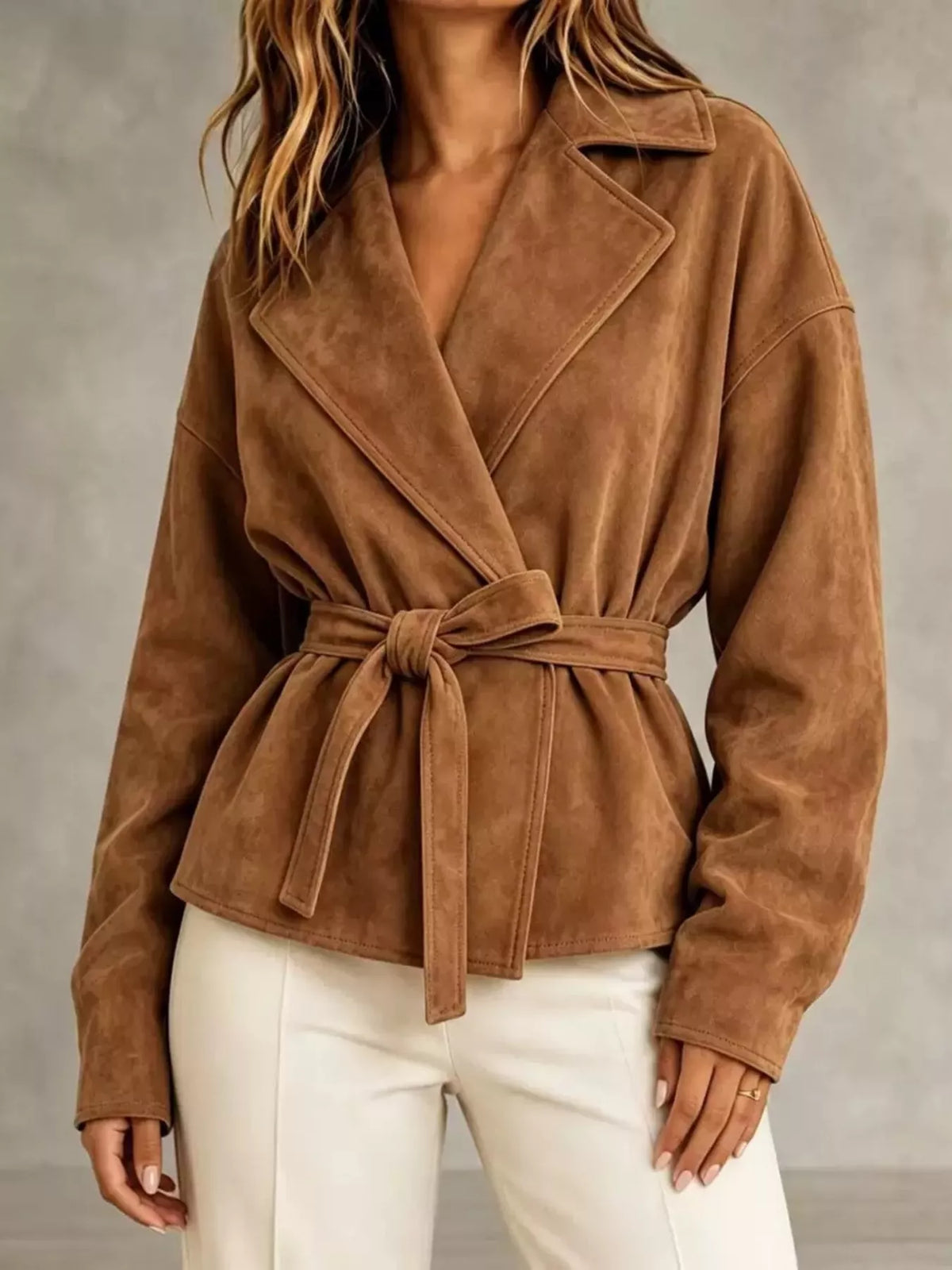 Camel tie-waist lapel collar jacket