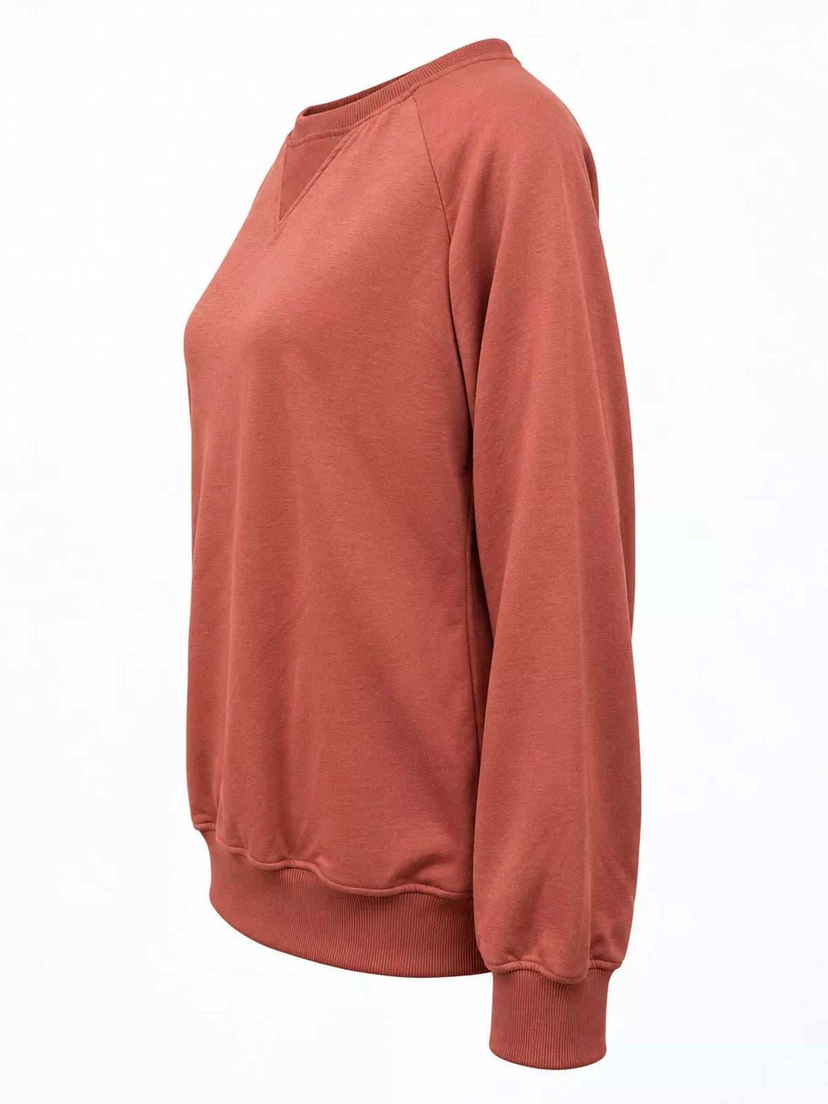 Rust crew neck raglan sleeve sweatshirt, side view