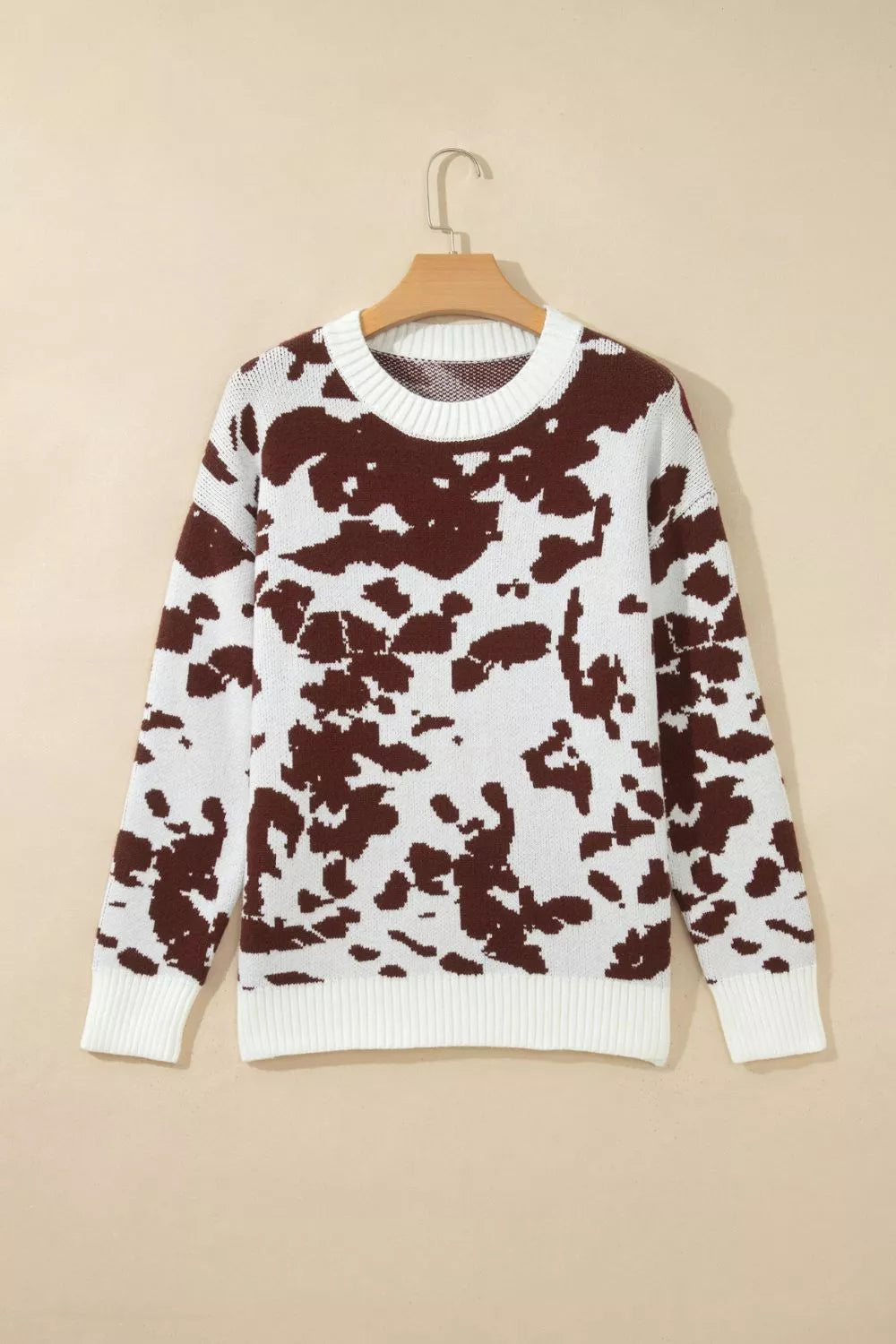 Trendsi Western Print Cow Pattern Long Sleeve Round Neck Pullover Knitwear Sweater -