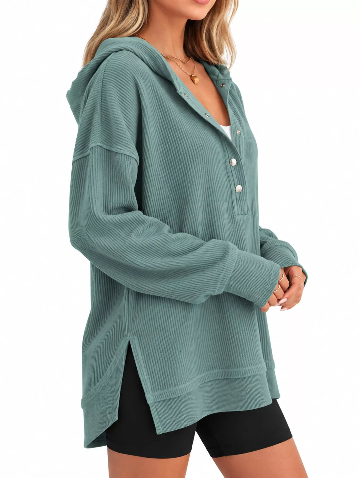 Women's Snap Button Placket Dropped Shoulder Hoodie in teal — side view
