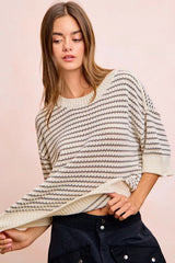 Trendsi BiBi Stripes Short Sleeves Rib Banded Outseam Knit Top -