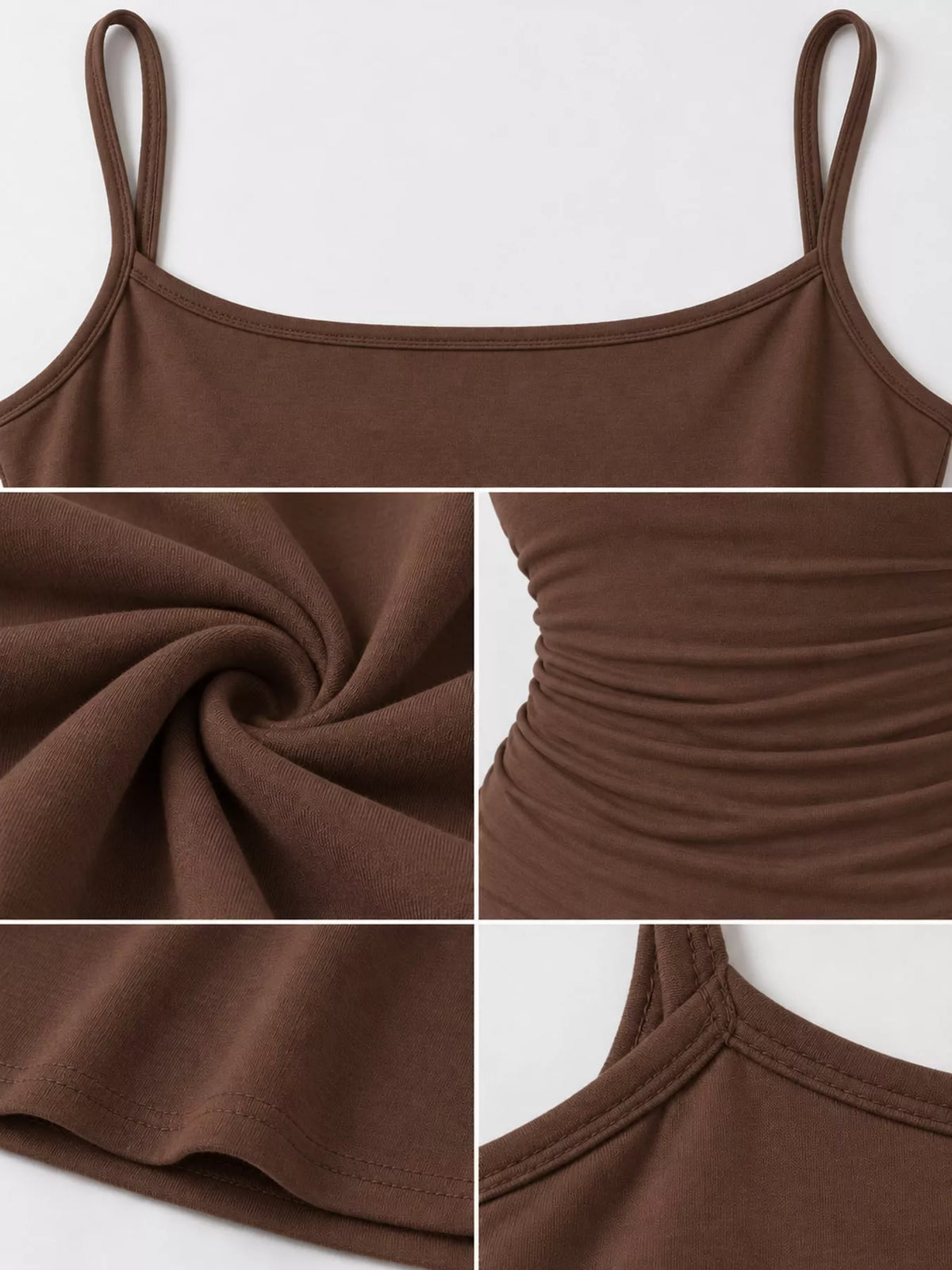 Brown bodycon spaghetti strap maxi dress, detail view