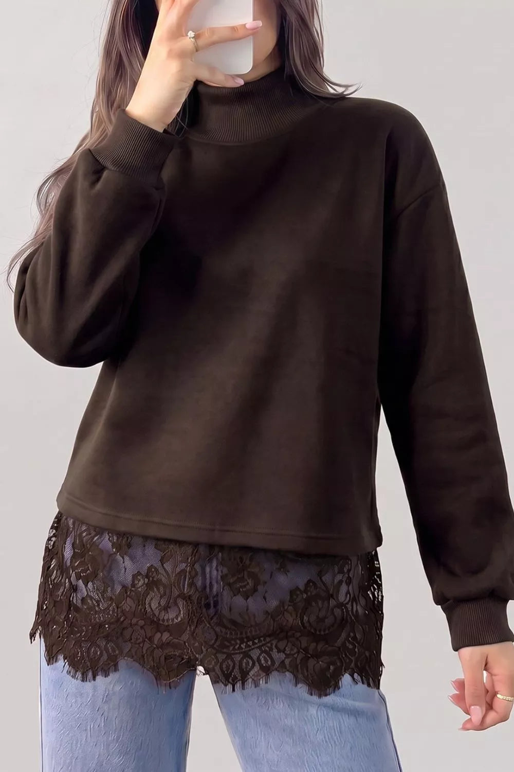 Women's Lace Hem Mock Neck Sweatshirt in Chocolate, front view