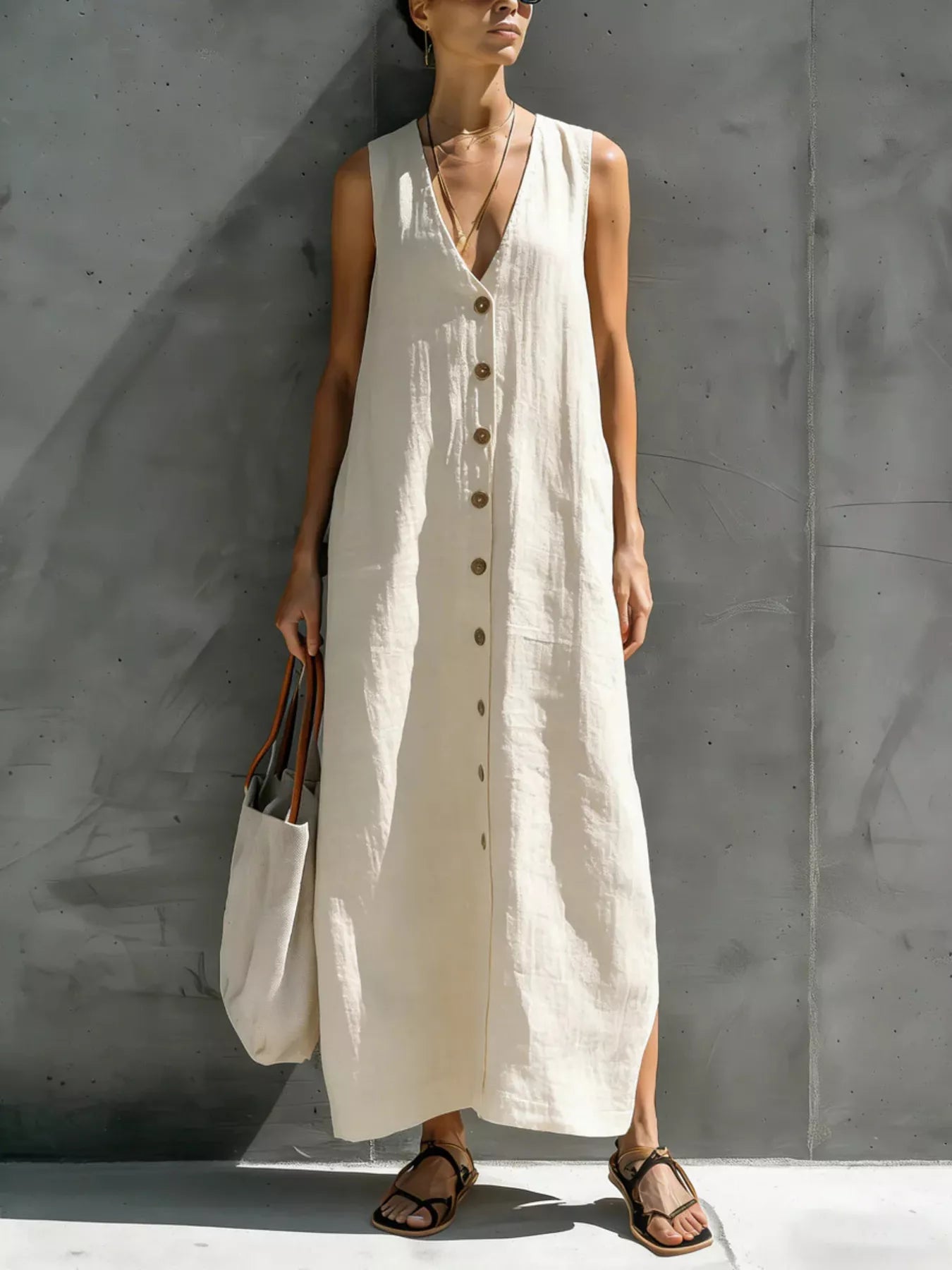 Trendsi Full Size Sleeveless V-Neck Button-Down Linen Maxi Dress Plus Size -