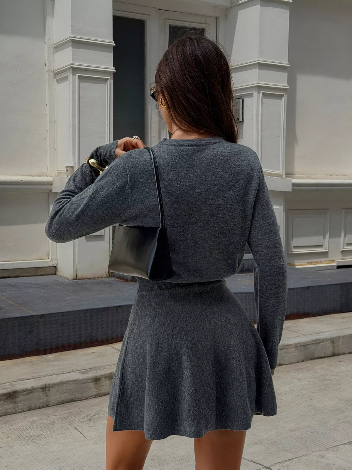 Gray crew neck long sleeve A-line sweater dress, back view