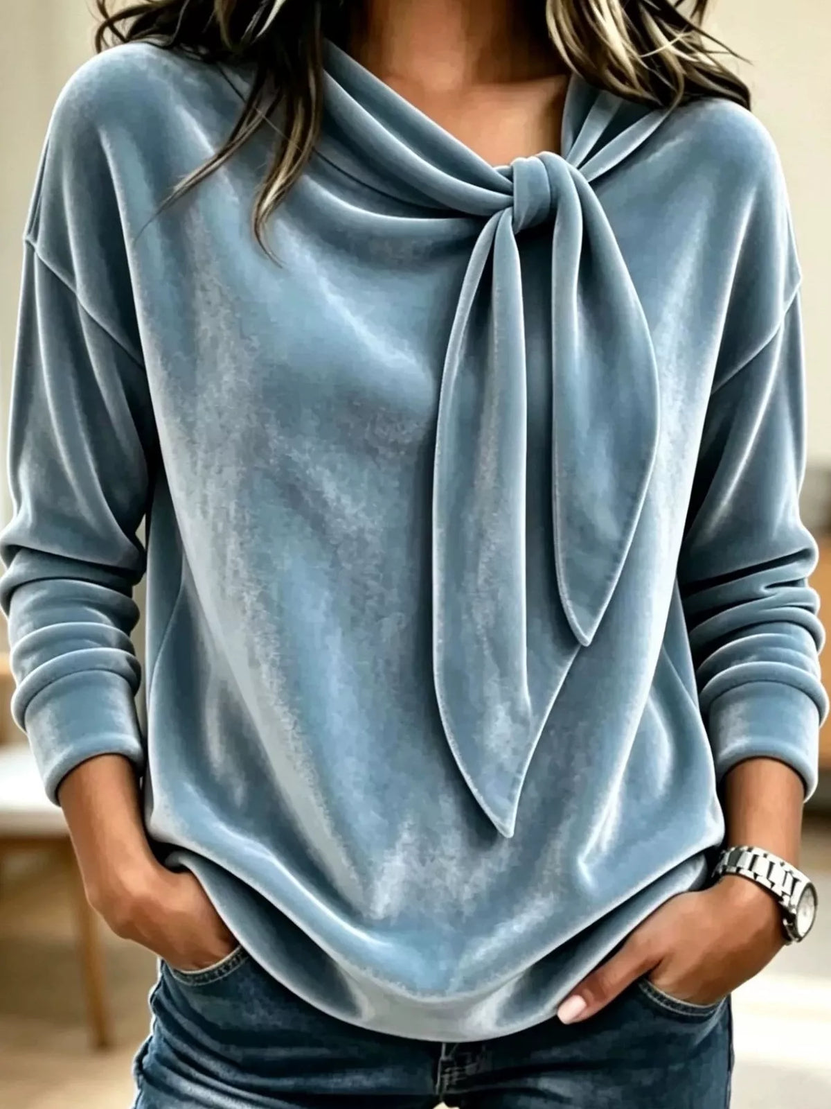 Women's Velvet Tie-Neck Long Sleeve Sweatshirt in blue — front view