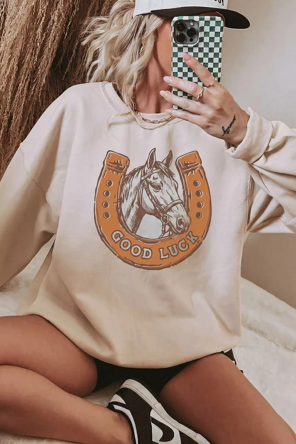 Trendsi GOOD LUCK Western Horse Print Oversized Pullover Sweatshirt -