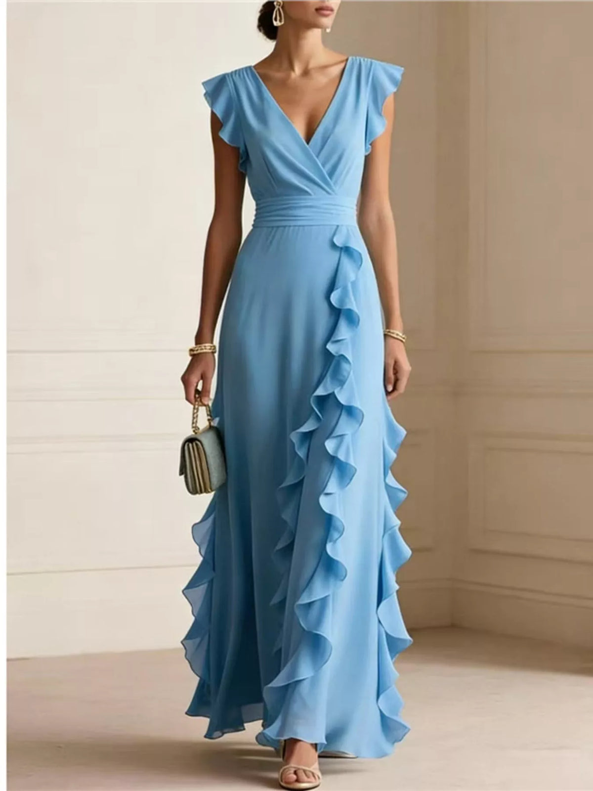 Blue ruffled surplice maxi dress, front view