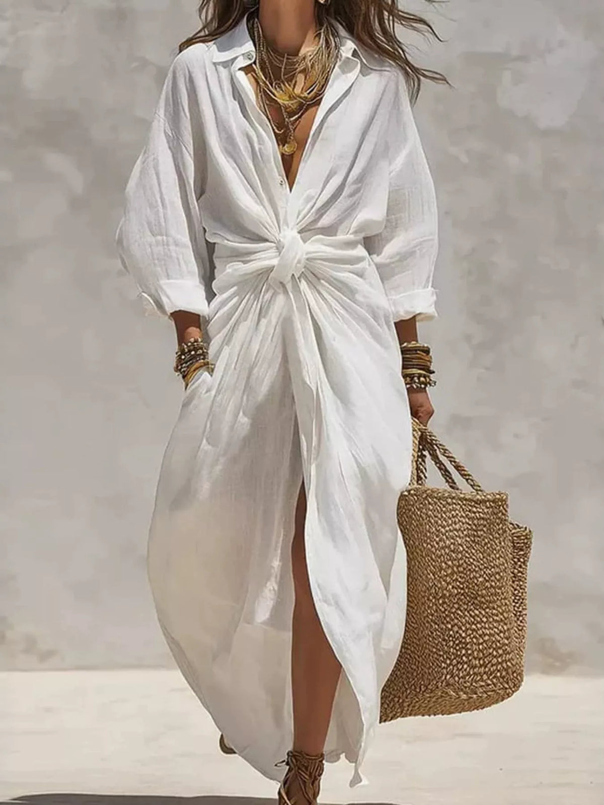 Trendsi Front-Tie Maxi Shirt Dress -