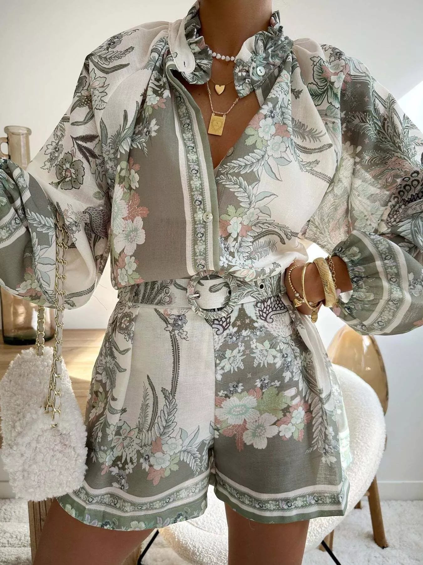 Trendsi Floral Print Button-Down Shirt and Belted Shorts Two-Piece Set -