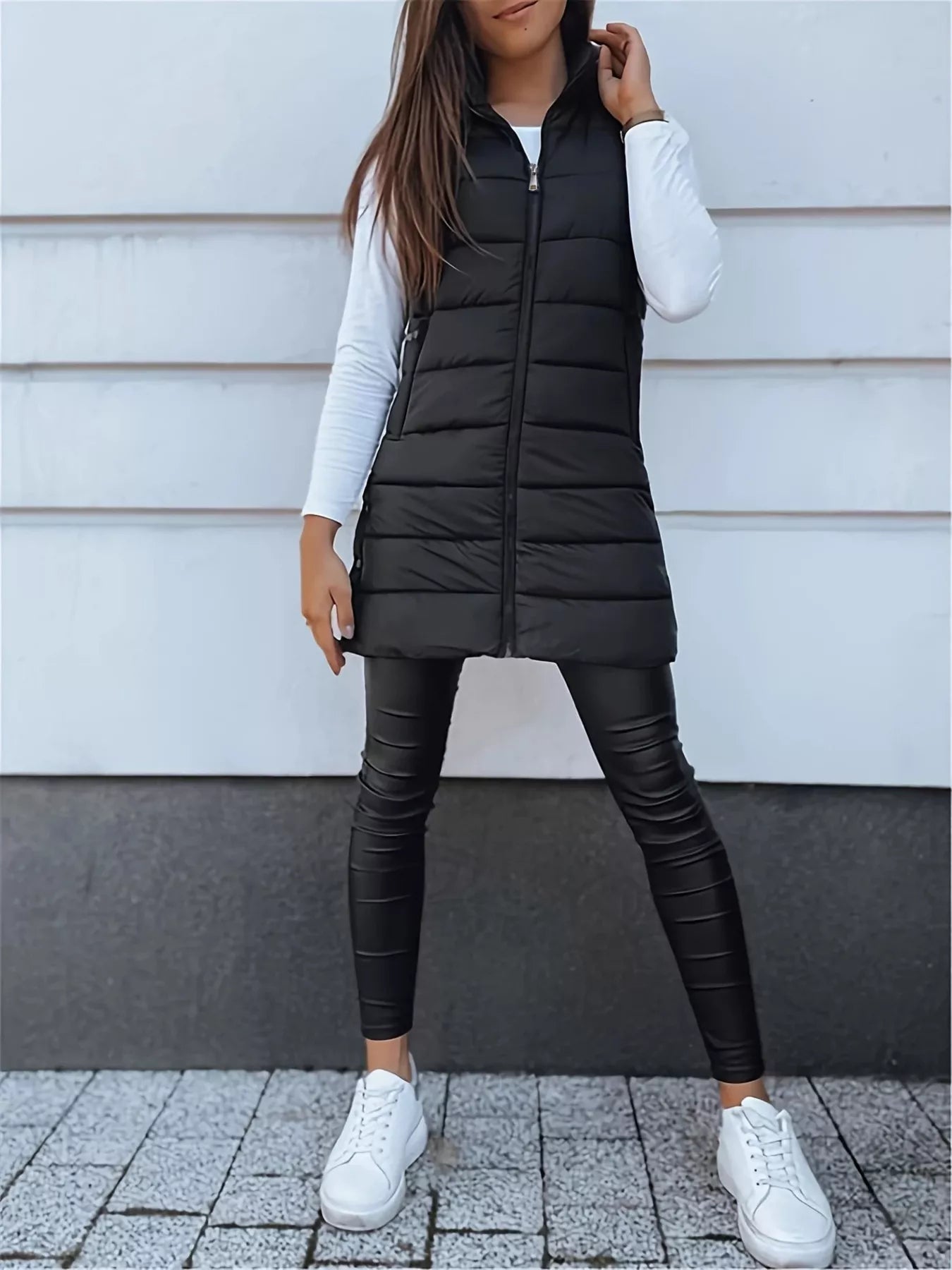 Trendsi Zip Up Longline Hooded Puffer Vest Coat -