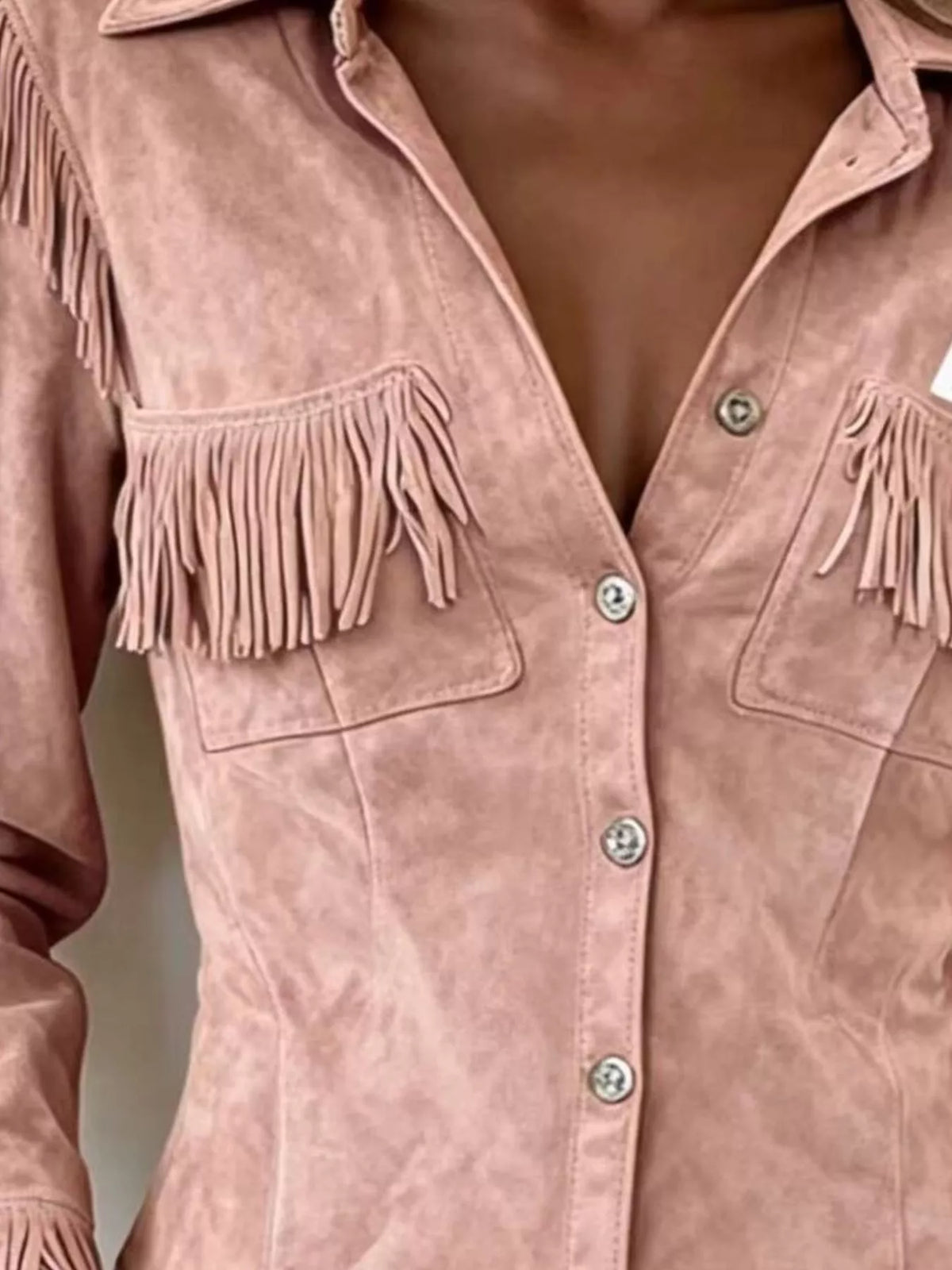 Fringed Snap Down Jacket in pink, collar and fringe detail