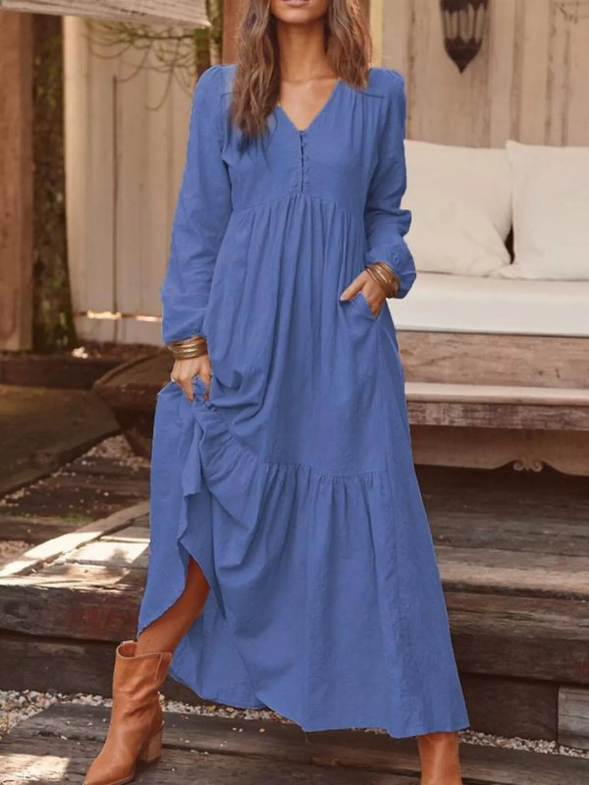 Women's V-Neck Tiered Pocket Maxi Dress - front view