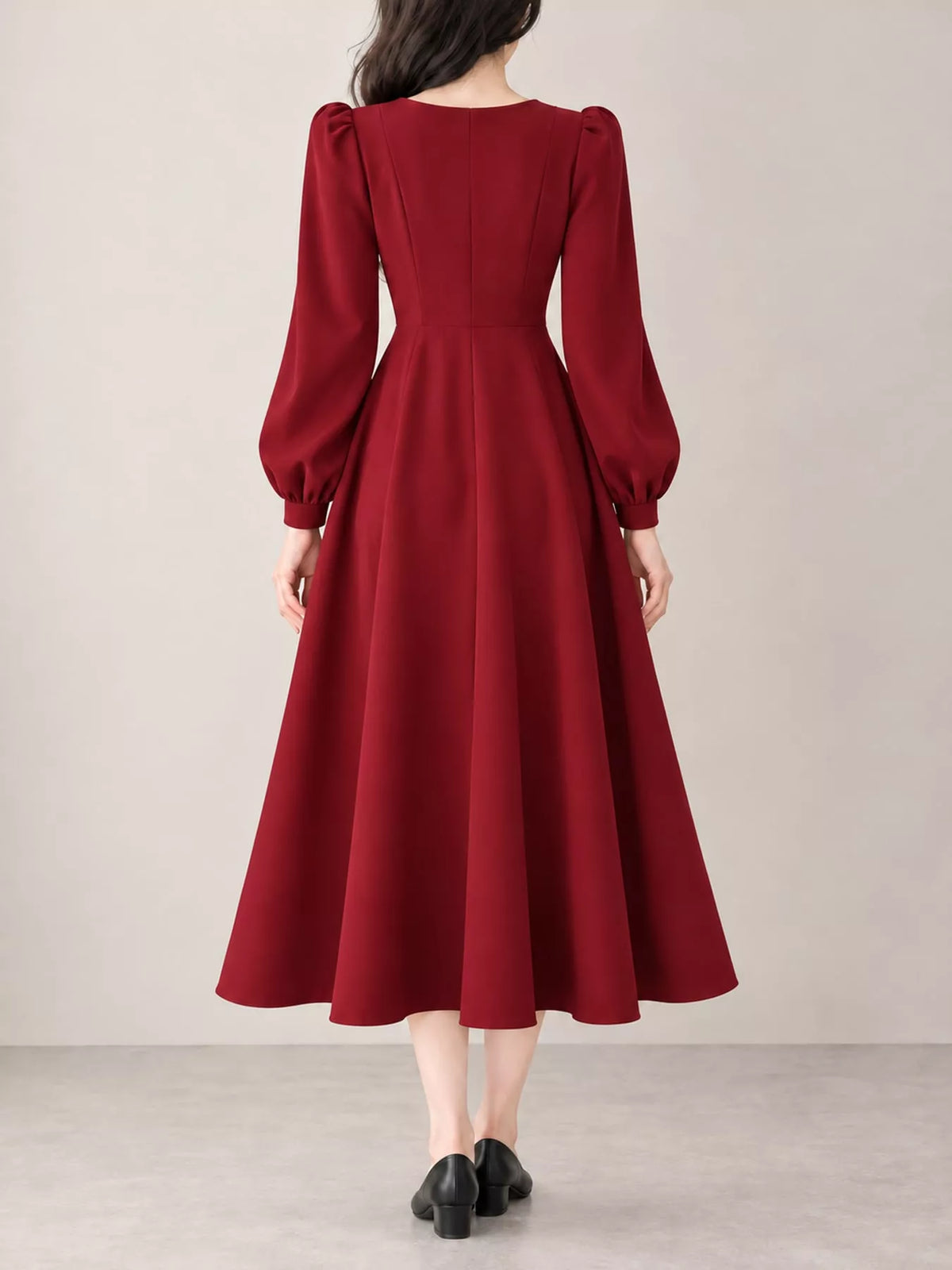 Burgundy long sleeve a line midi dress, back view