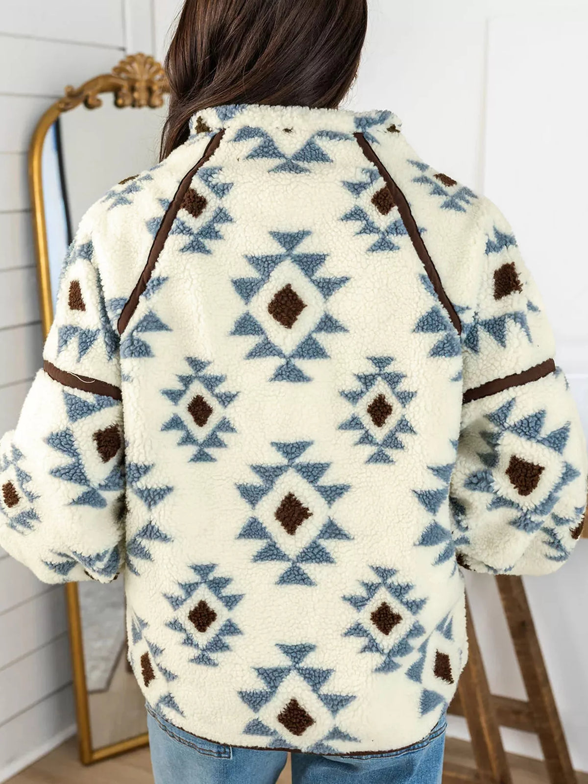 Cream blue and brown geometric print sherpa sweatshirt, back view