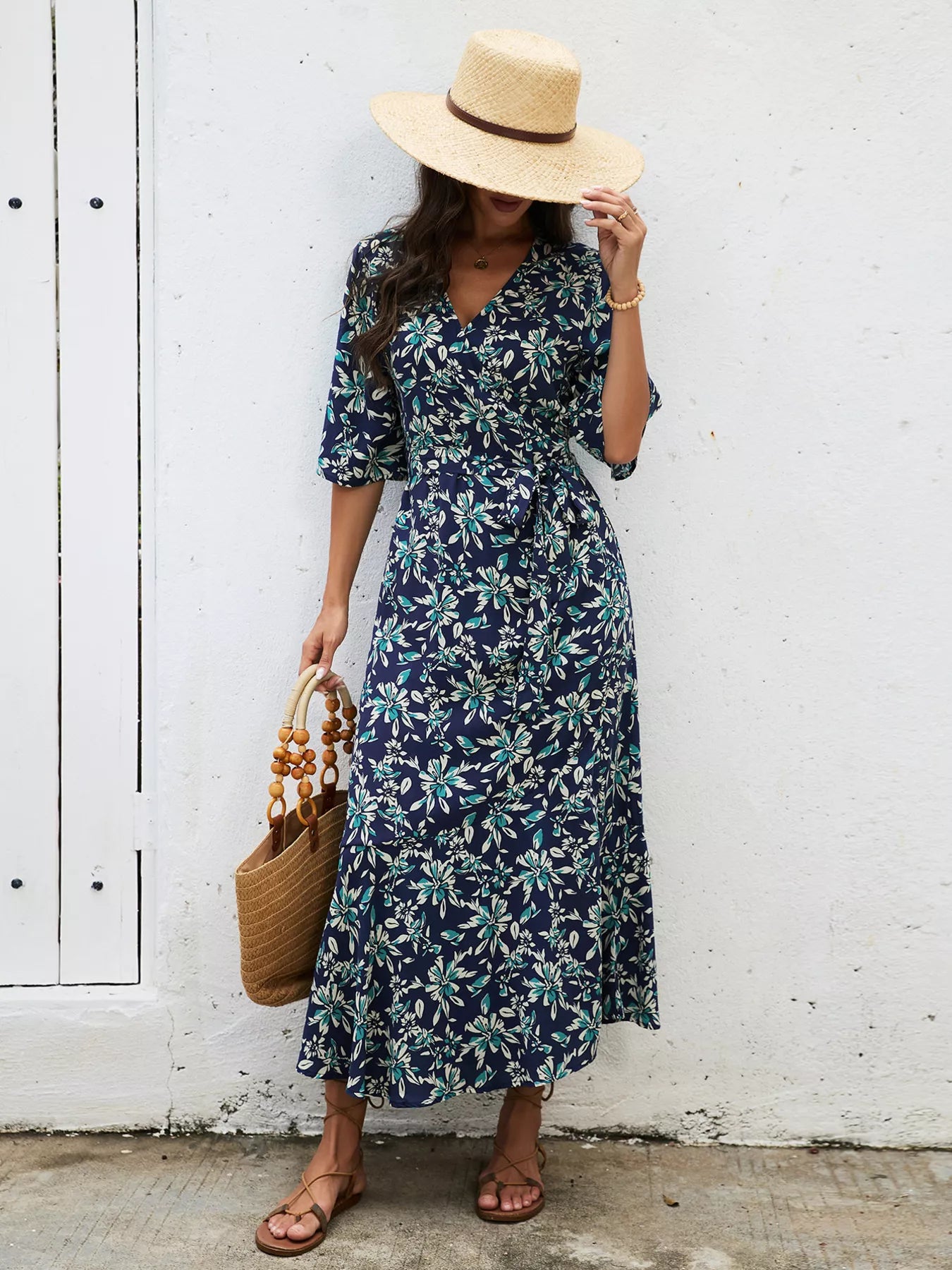 Trendsi Slit Printed Surplice Midi Dress -