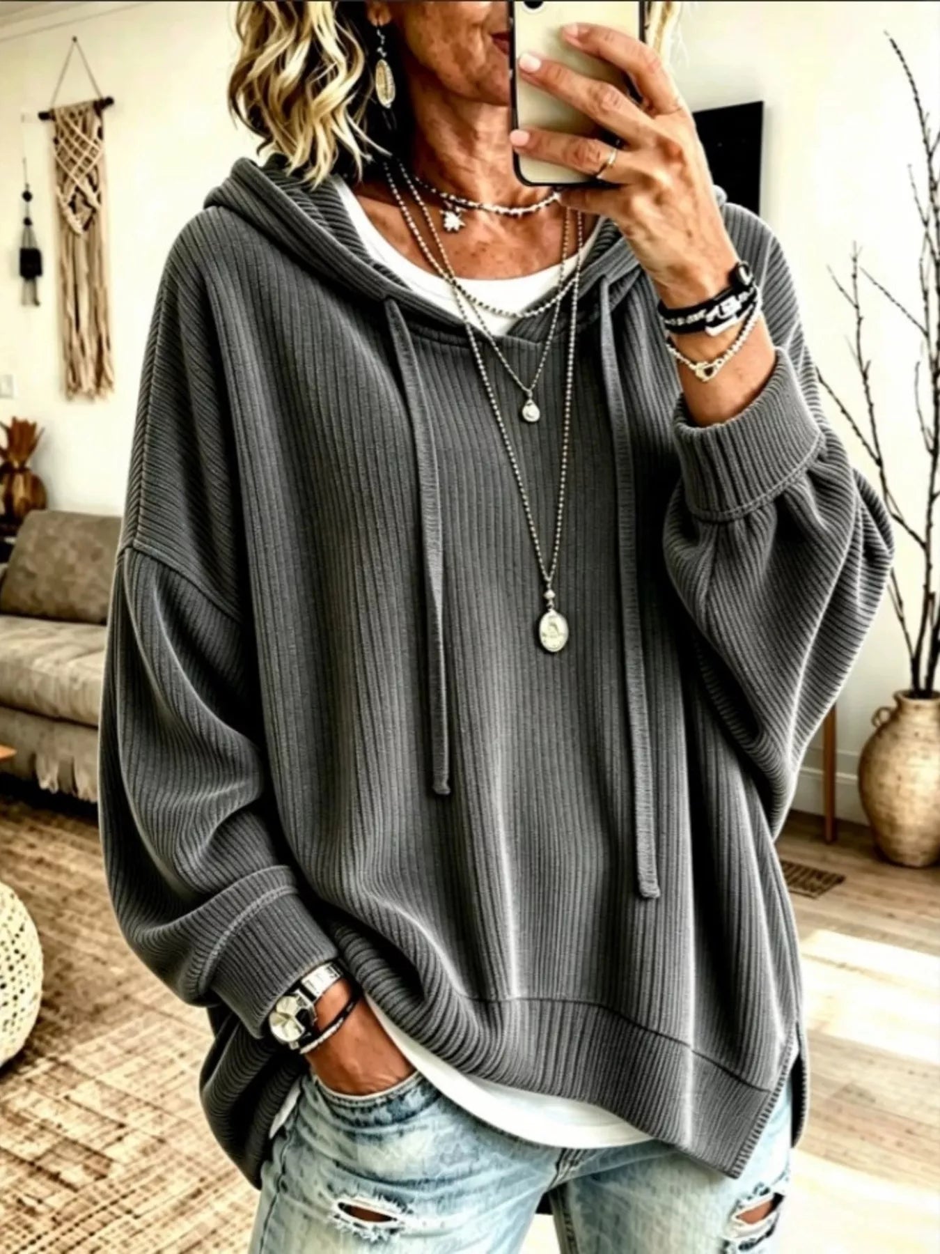 Trendsi Drawstring Ribbed Knit Hoodie -
