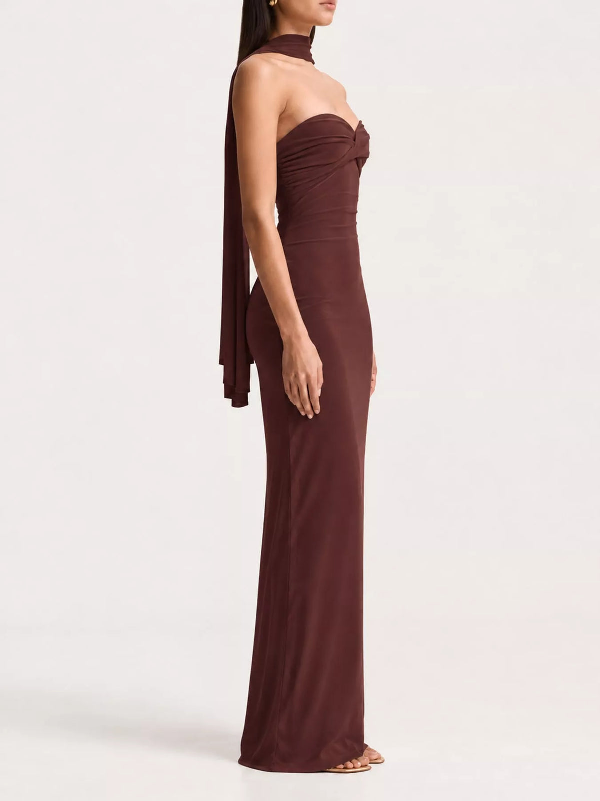 Brown strapless ruched bodycon maxi dress with scarf, side view