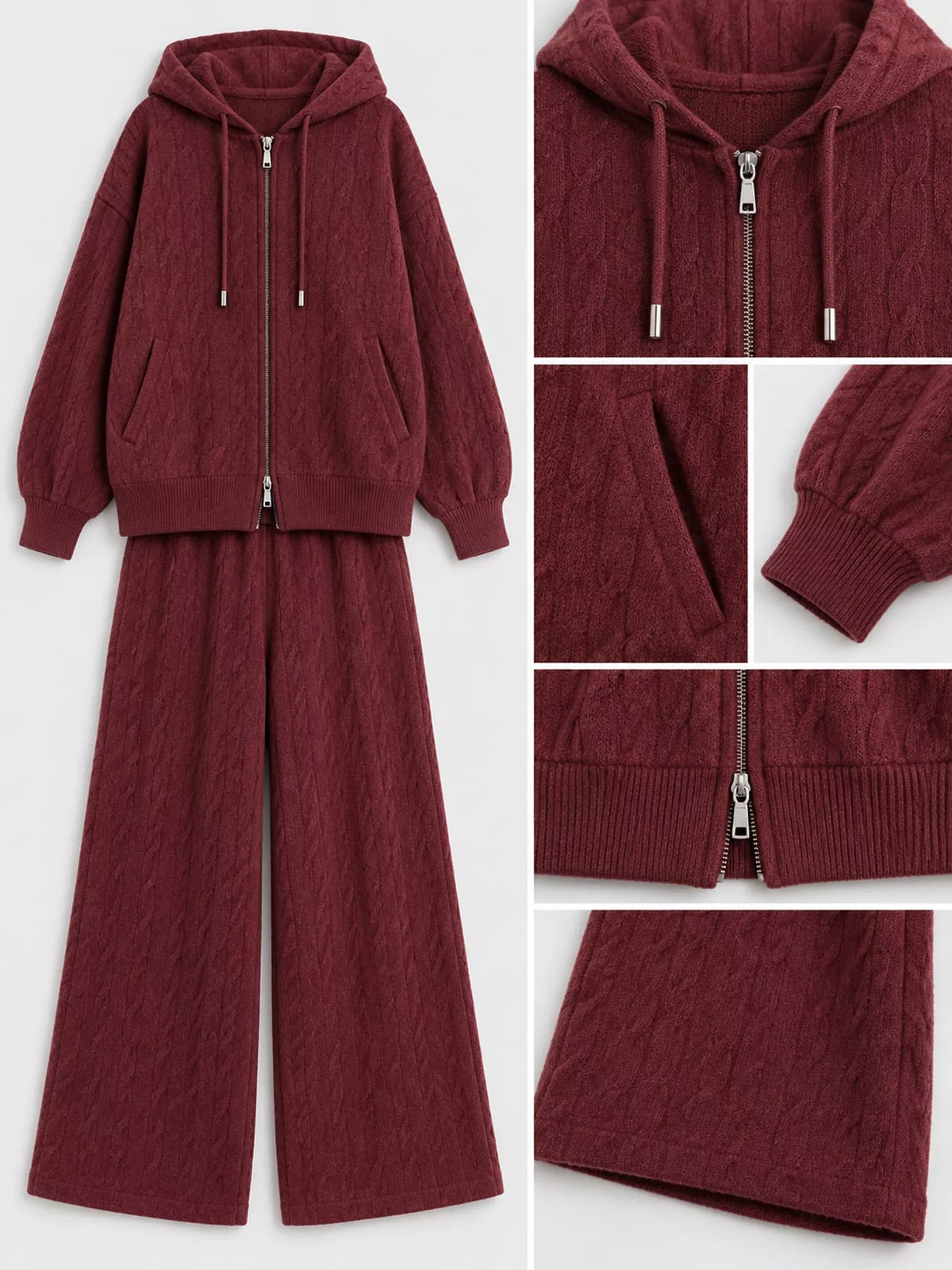 Cable-knit cardigan and pants set, burgundy detail collage