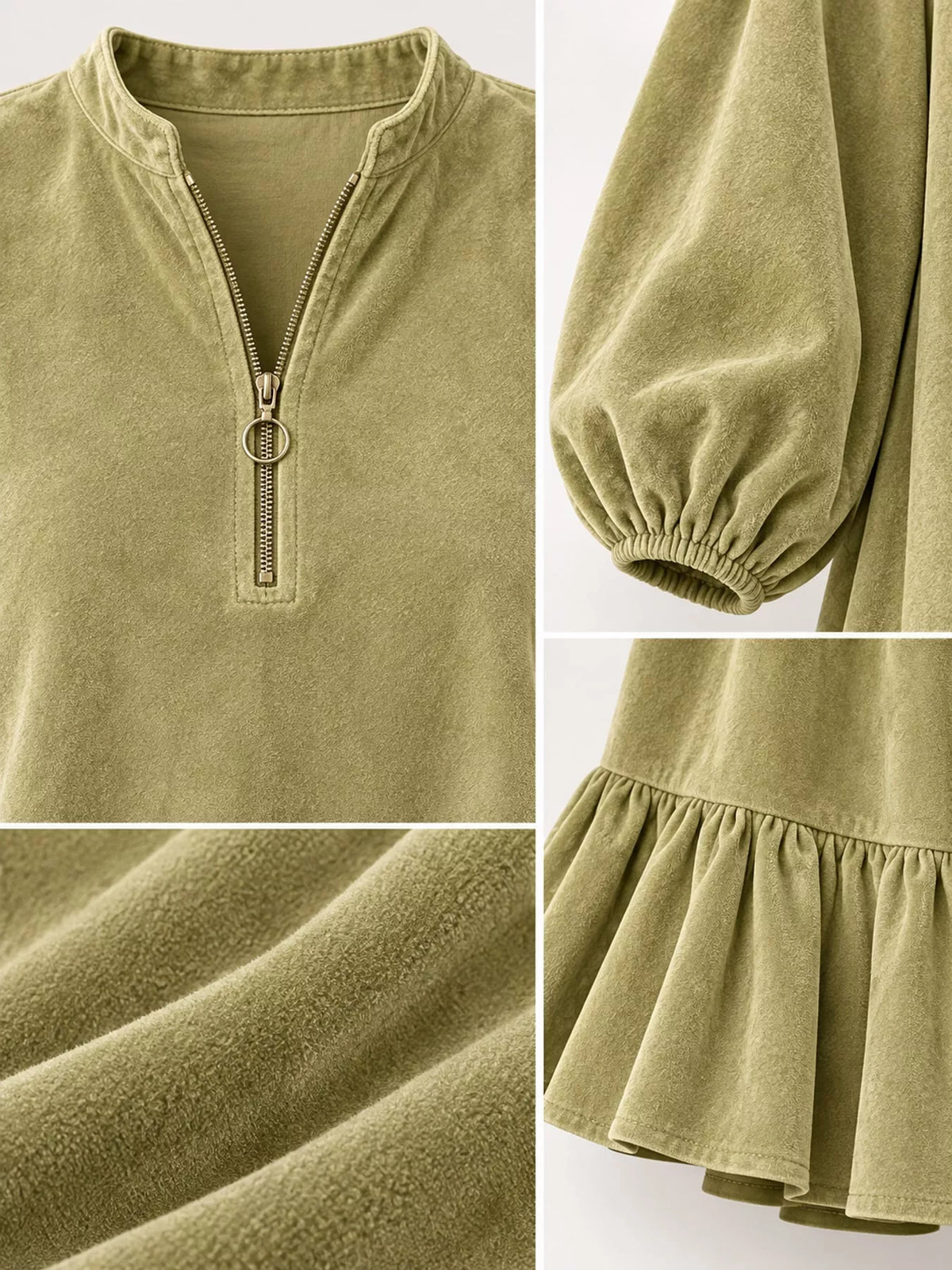 Quarter-zip dress, olive detail collage