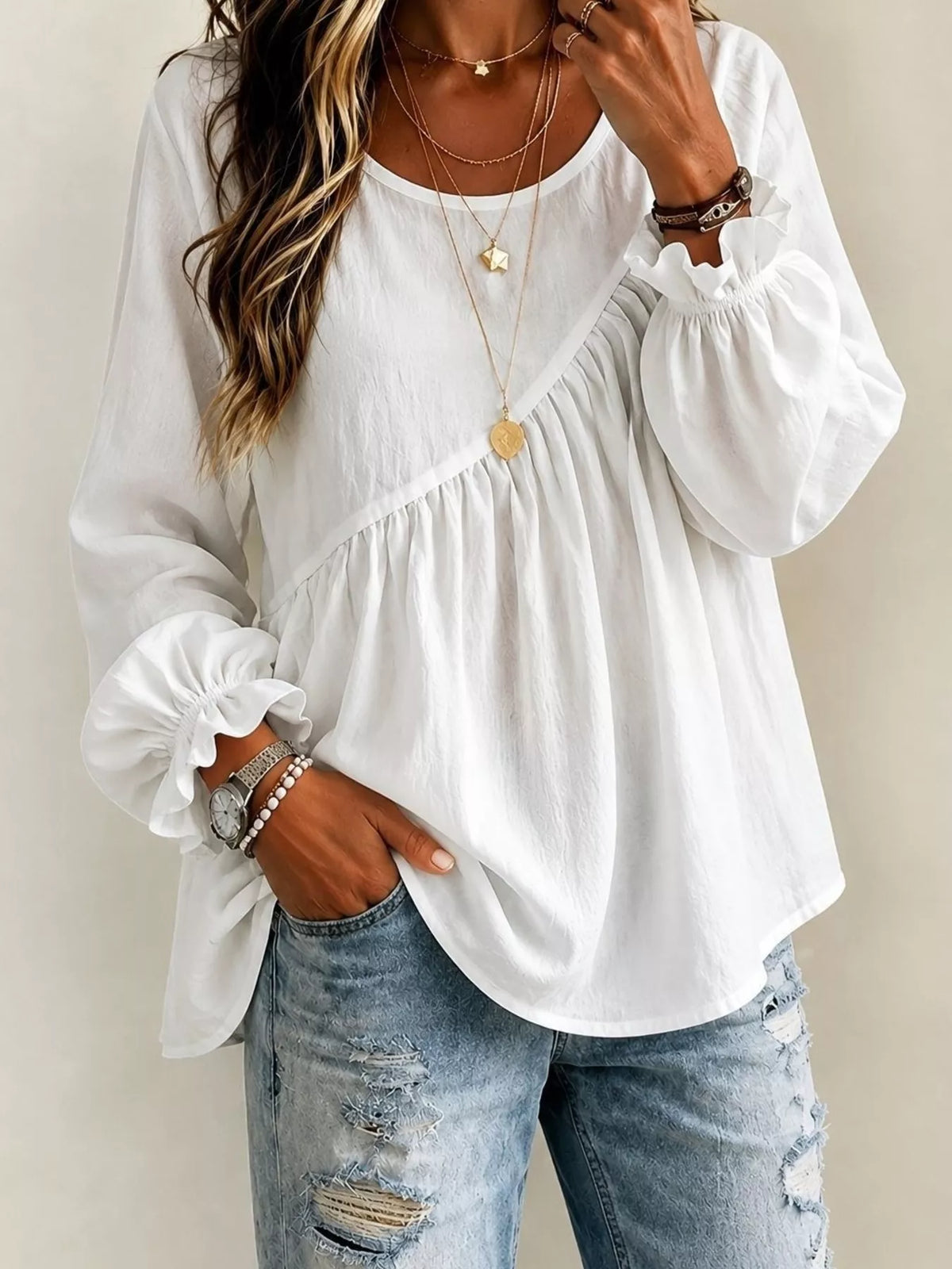 Trendsi Long Sleeve Blouse with Asymmetric Pleated Detail -