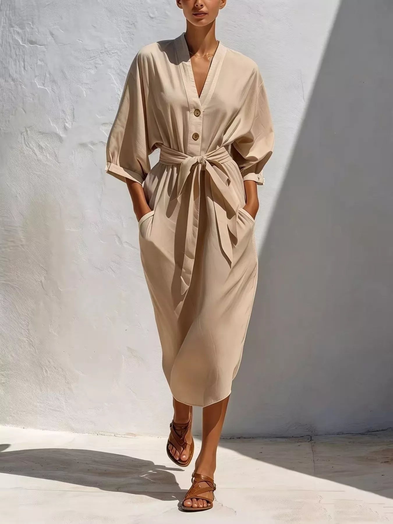 Trendsi Full Size Tie Waist V-Neck Midi Dress Plus Size -