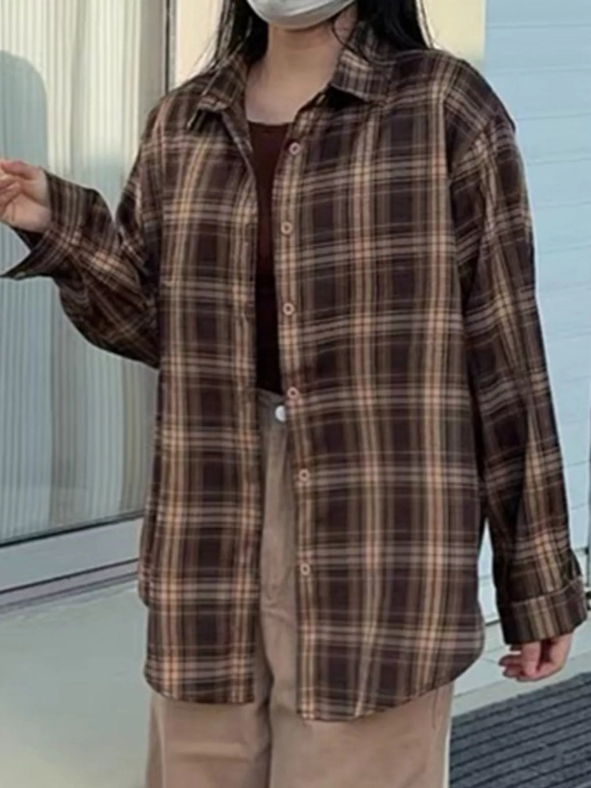 Brown and cream loose-fit plaid shirt