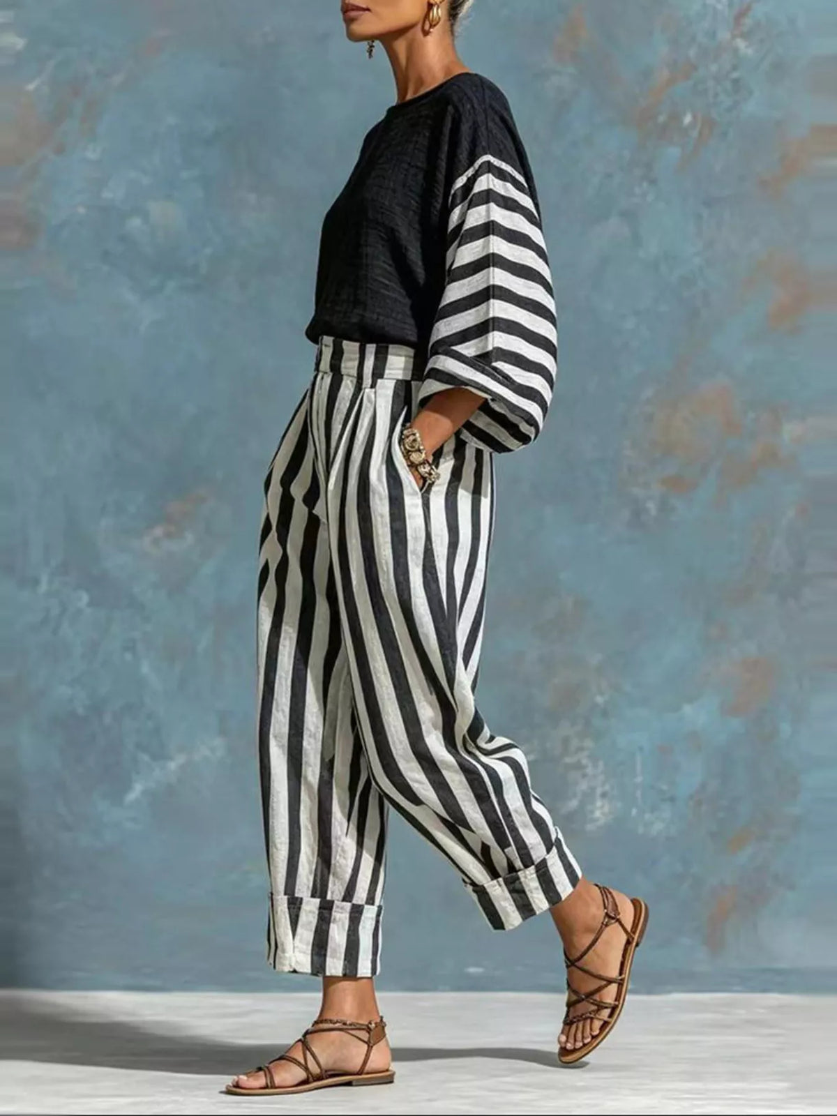 Trendsi Striped Long Sleeve Top and Pants Set -