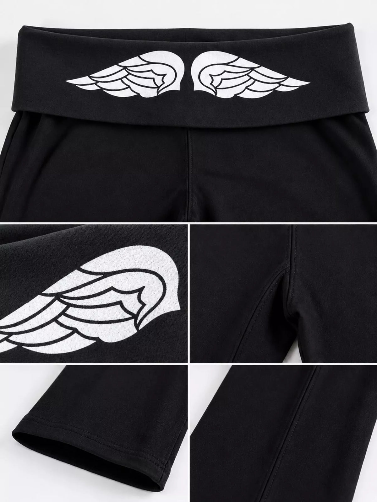 Black 1 fold-over waist flared pants, detail view