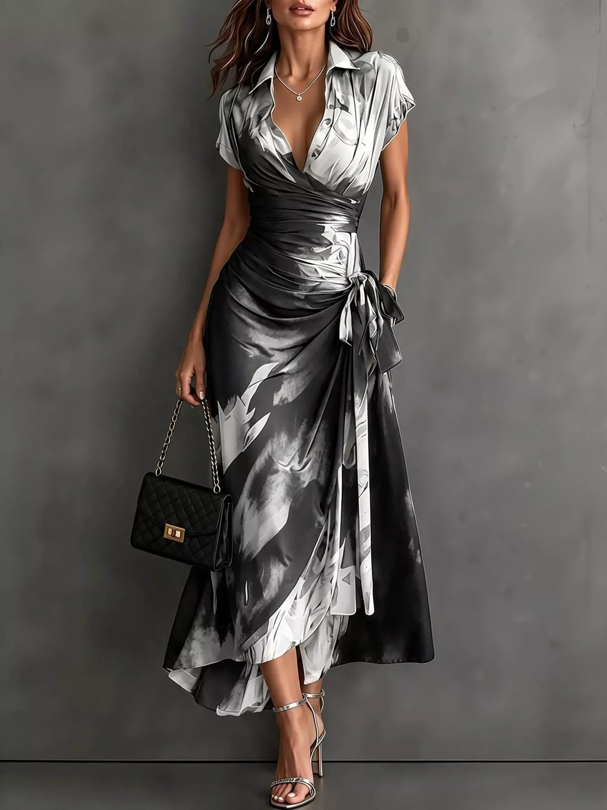Silver and black tie-detail surplice dress