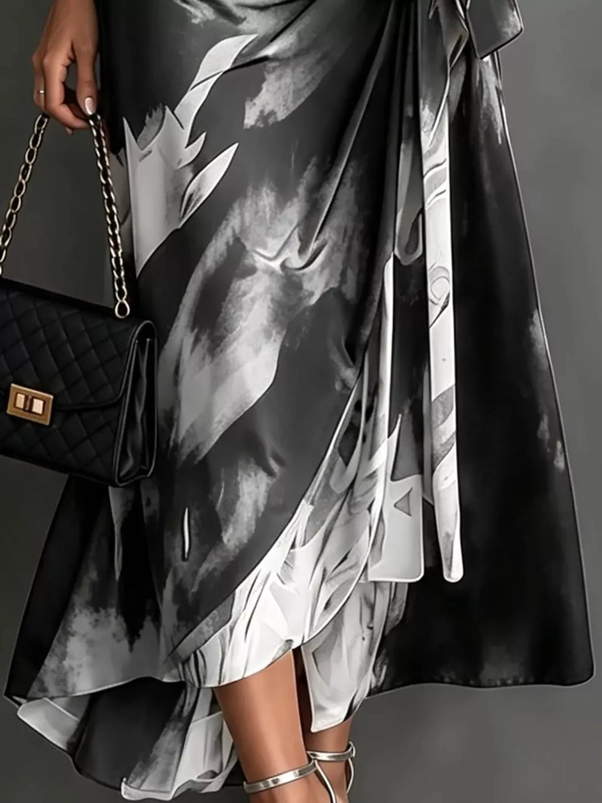 Silver and black tie-detail surplice dress, midi hem detail