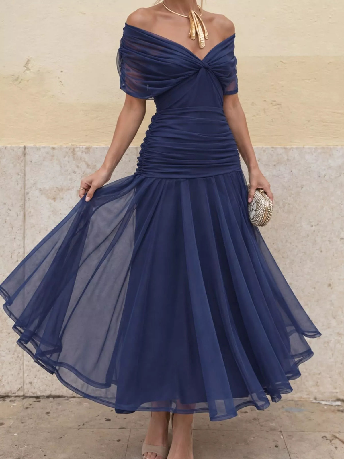 Navy off shoulder ruched tulle evening dress, front view