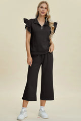 Trendsi Double Take Full Size Texture Ruffle Short Sleeve Top and Wide Leg Pants Set -
