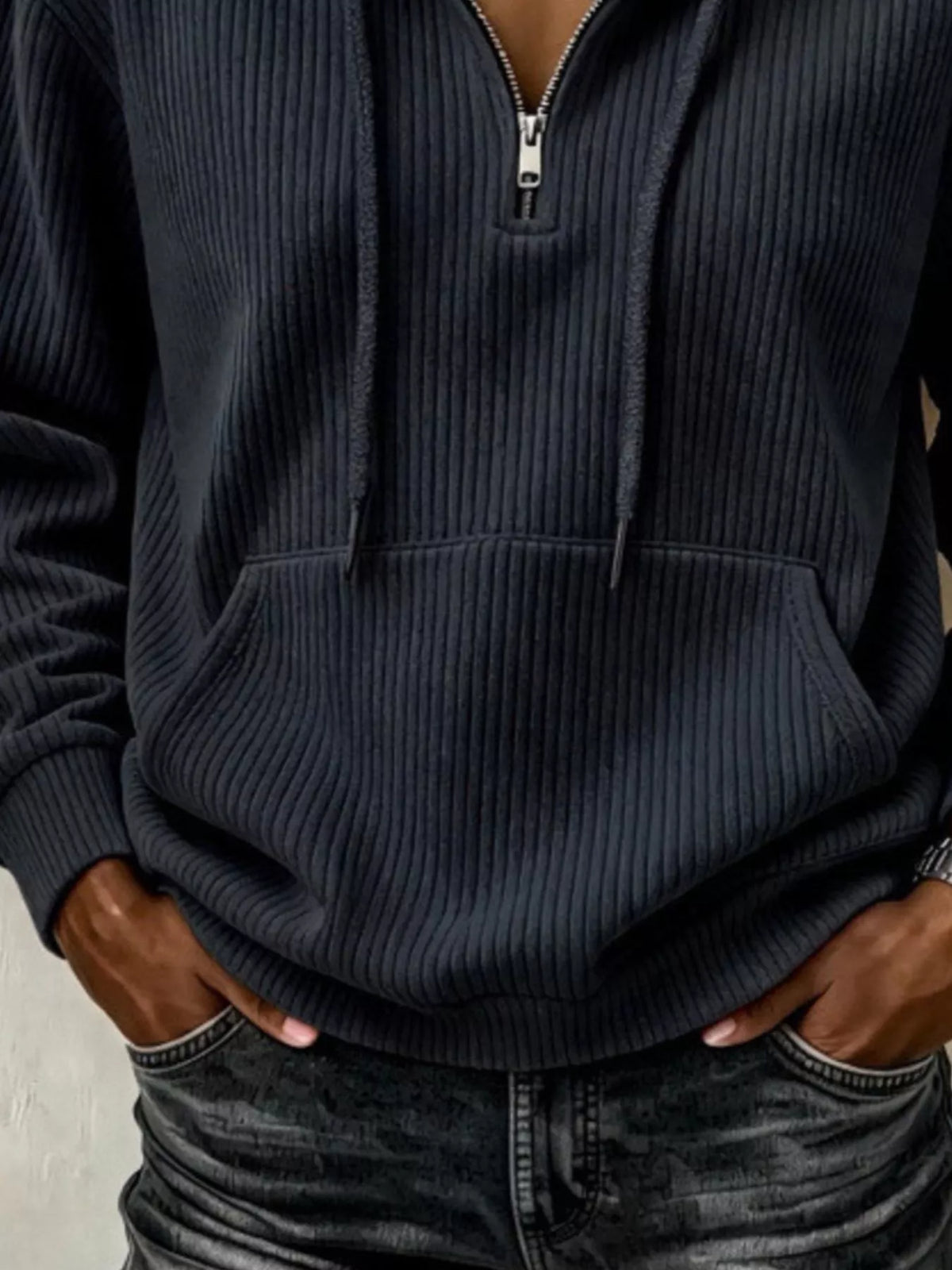 Ribbed Knit Quarter-Zip Hoodie, pocket detail