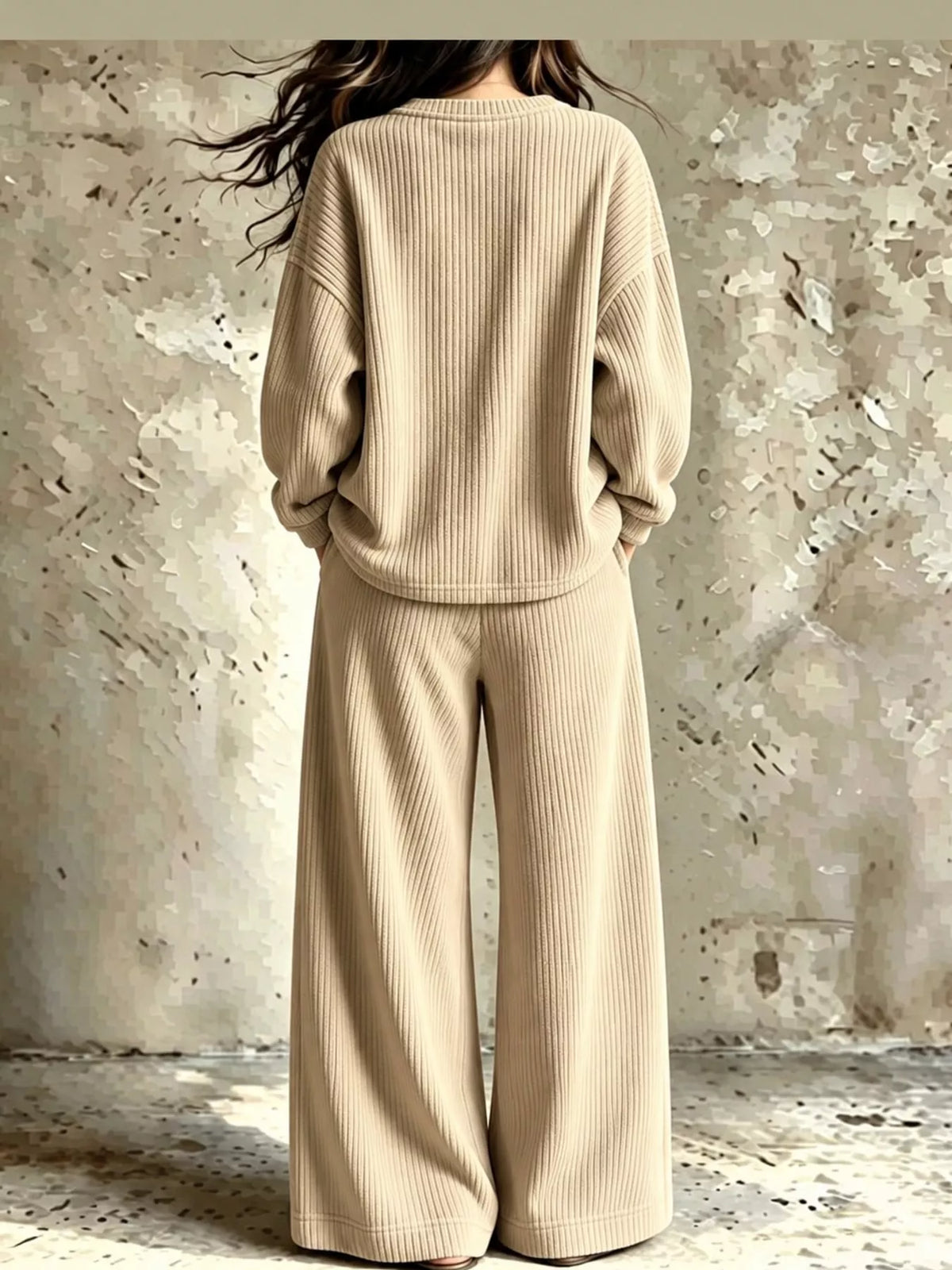 Beige corduroy v-neck top and pants set — back view